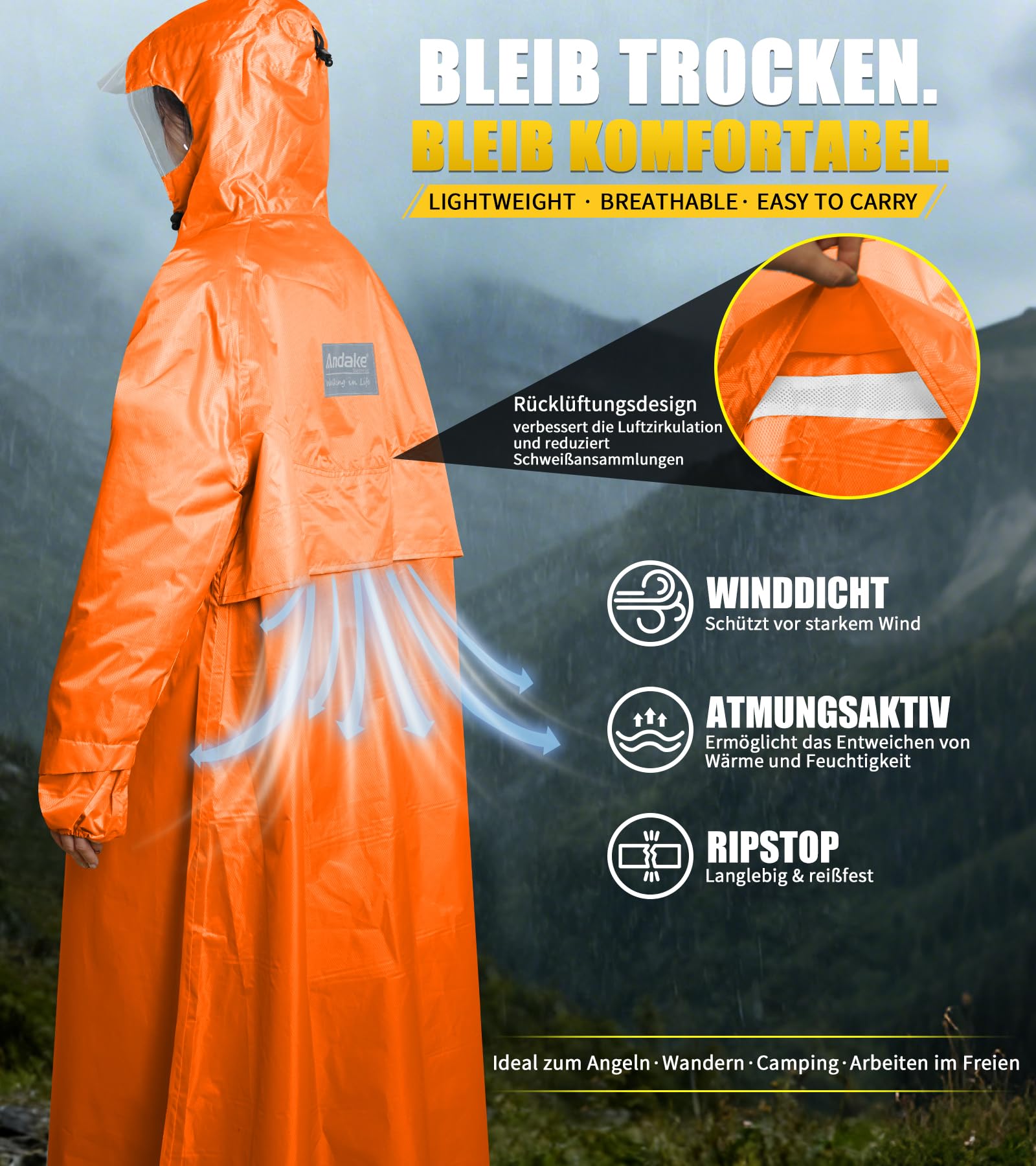 Andake Poncho de Pluie Homme et Femme, Imperméable Cape de Pluie à Manches, Adapté pour le Vélo et la Randonnée