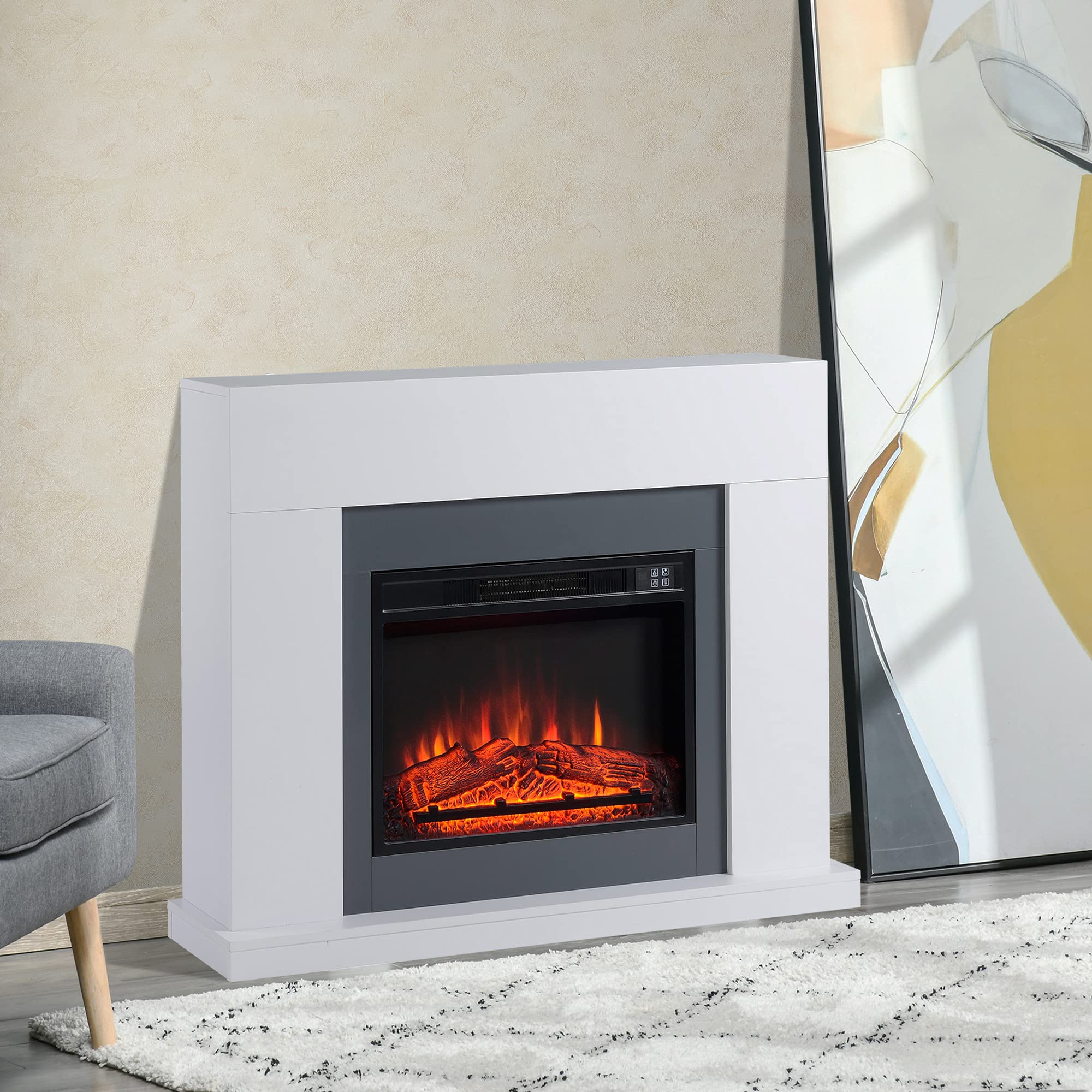 HOMCOM Chimenea Eléctrica 1800W-2000W Llama Ajustable para 37 m² Blanco