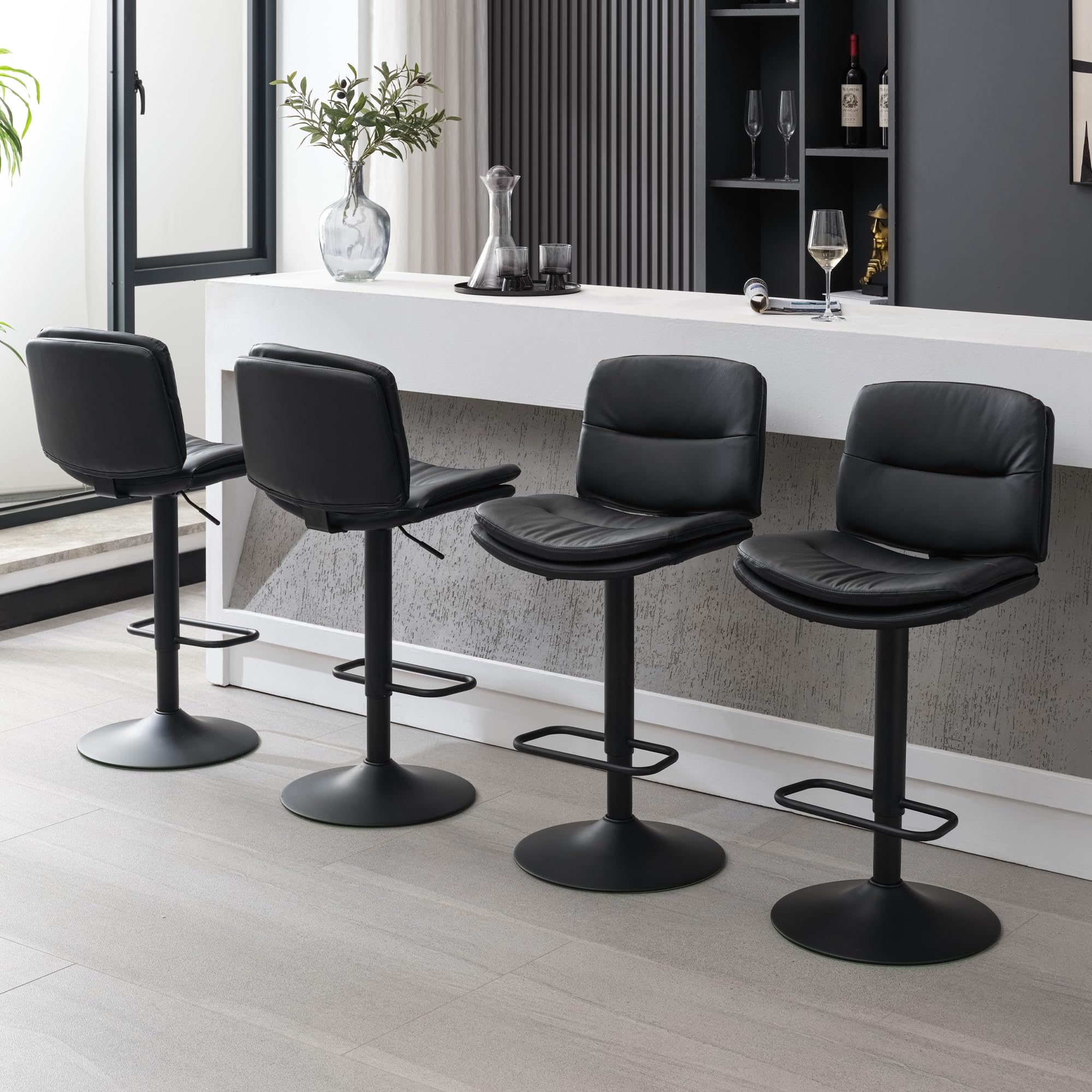 FIRAVOE Swivel Bar Stools Set of 4, Double-Layer Upholstered Counter Height Bar Stools with Back, Adjustable Bar Stool 24"-32", Faux Leather Barstools