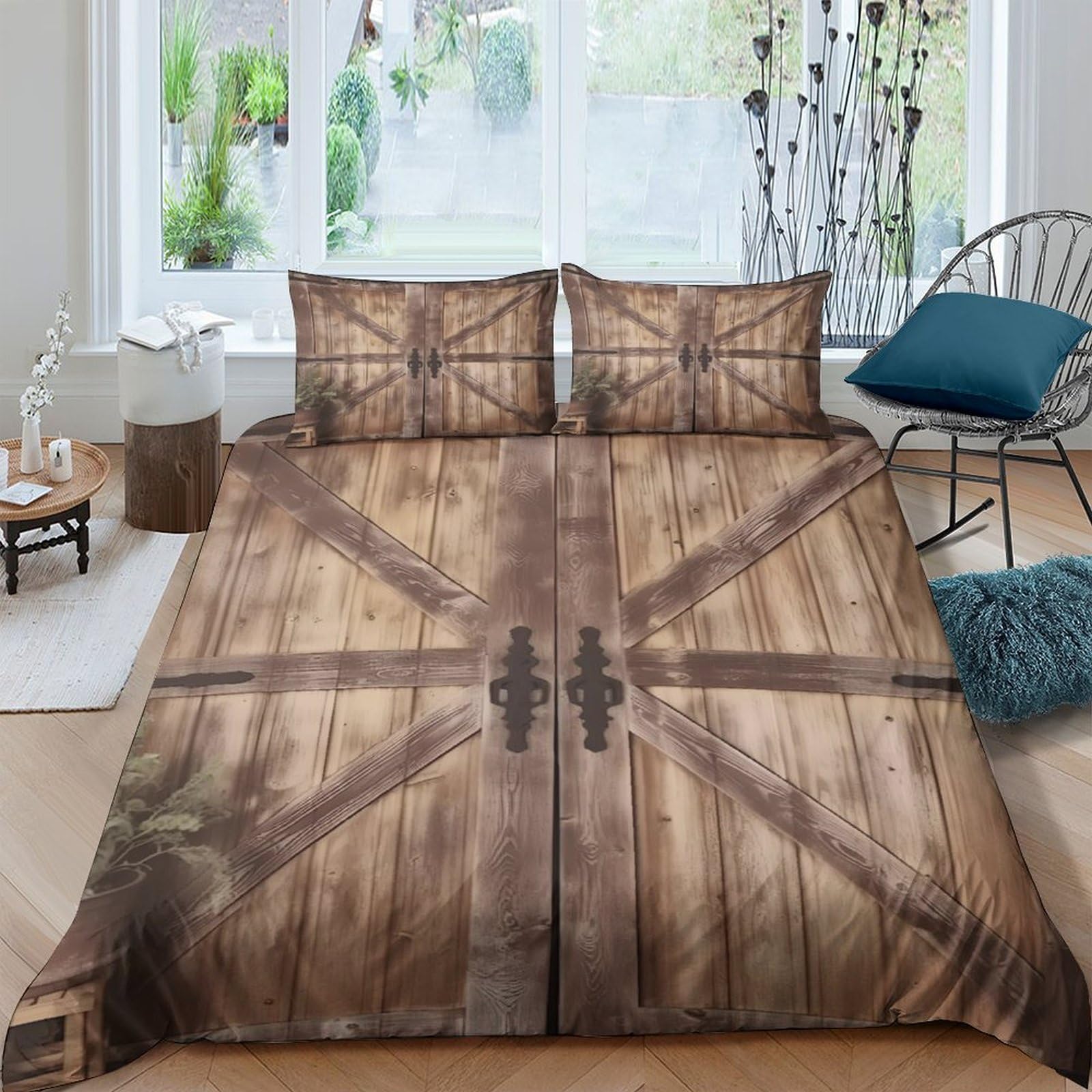 Ctjqhvkz Style-5 3D Printed Rustic Barn Door Fitted Sheet Microfiber Soft Brown Wood Plank Mattress Cover For Bedroom Decor Home Single（135X200cm）