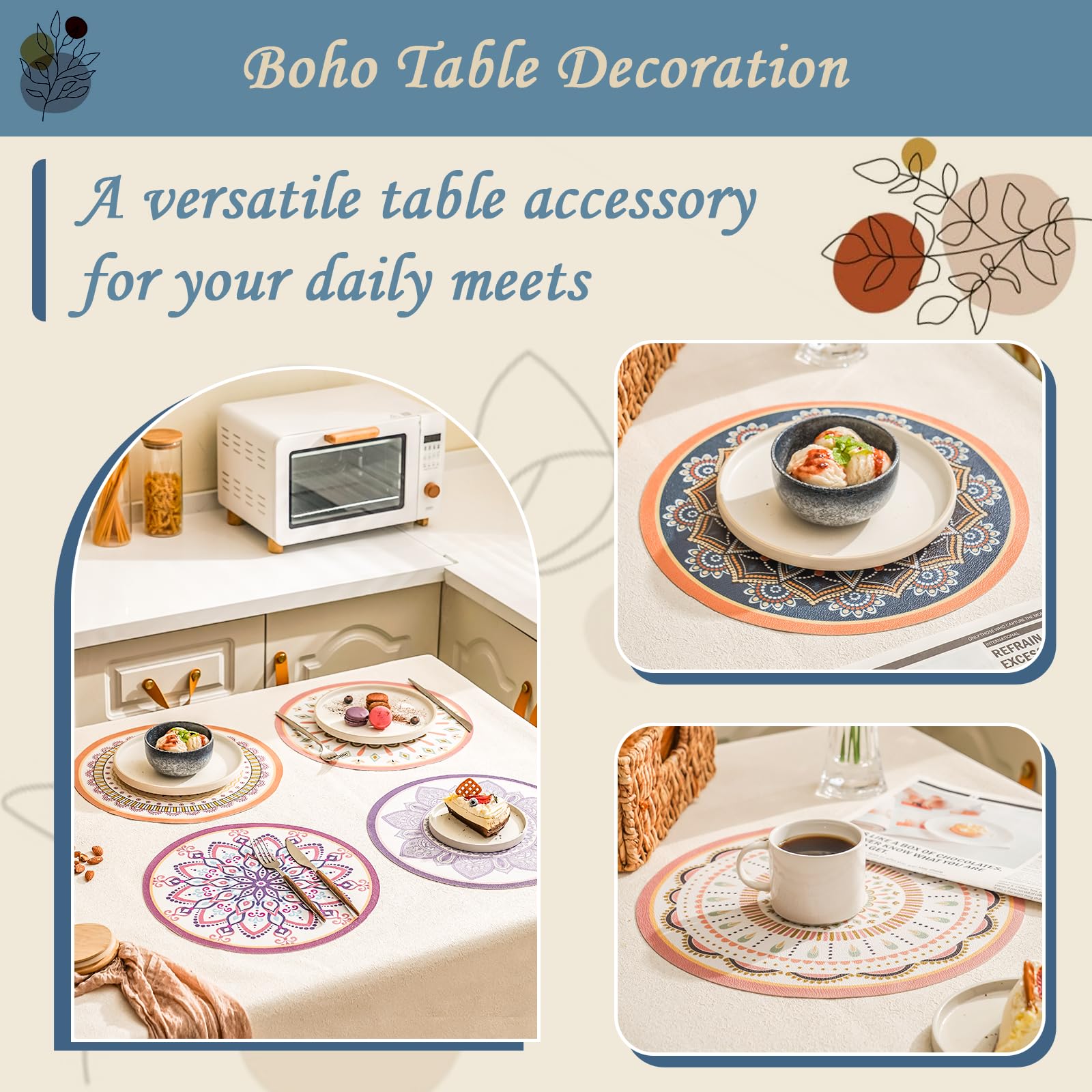 Elistonie Set of 6 Boho Round Placemats Waterproof Textured Vinyl Placemats for Dining Table Heat Resistant Dining Mats Washable Place Mats Mandala Round End Table Mat Bohemian Table Settings (D) - Image 2