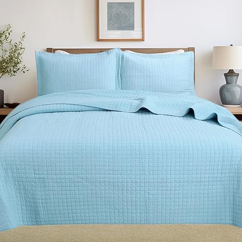 MarCielo Juego de edredĂłn de 3 piezas, 100% algodĂłn blanco, colcha ligera (azul claro, King) MarCielo Juego de edredĂłn de 3 piezas, 100% algodĂłn blanco, colcha ligera (azul claro, King)