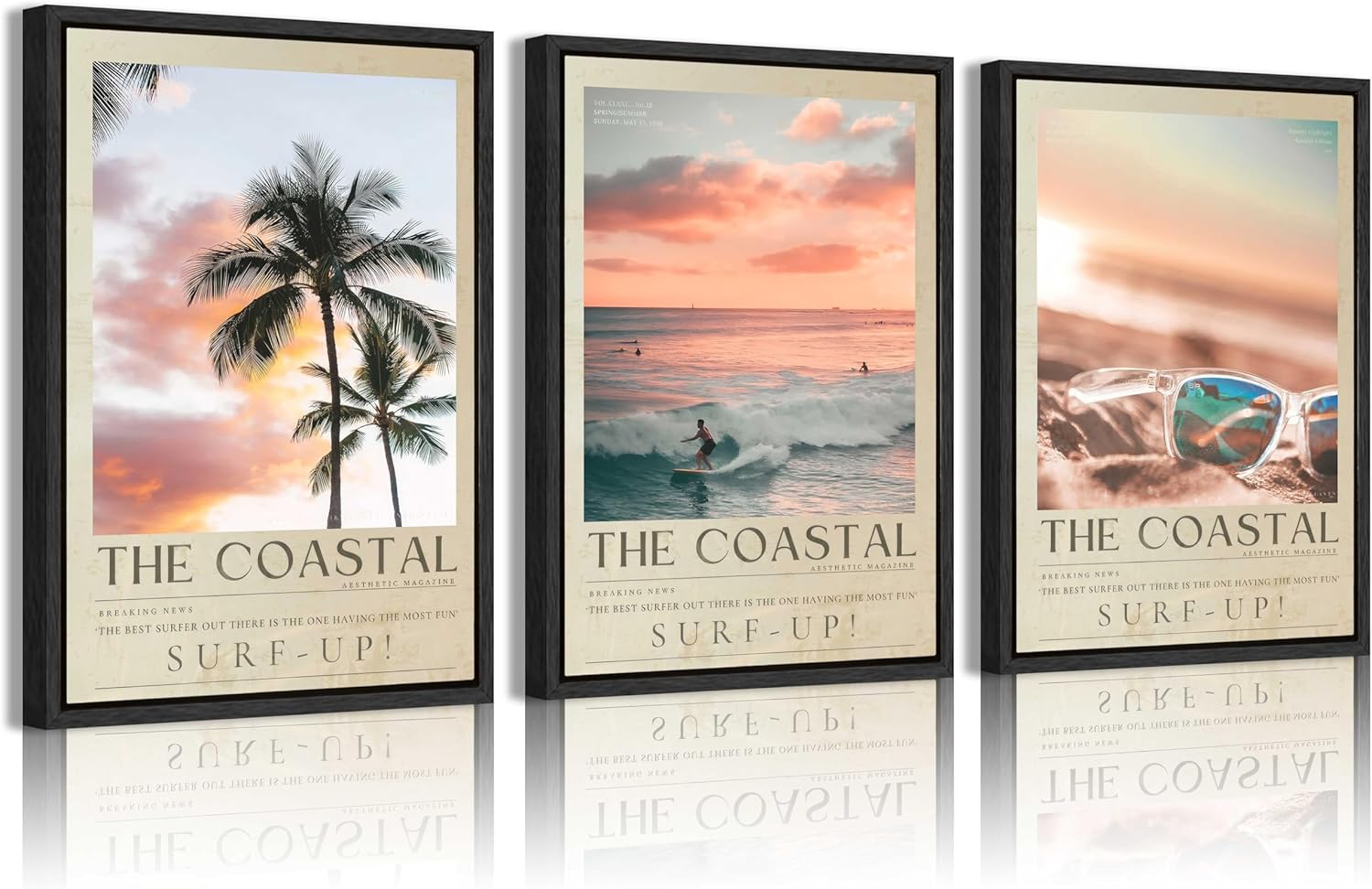 3 Piece Canvas Wall Art,Coastal Surfing Magazine Style Painting, Palm Tree Wave Sunglasses Picture Poster Prints Artwork for Home Wall Decor 16x24 Inch, Unframed