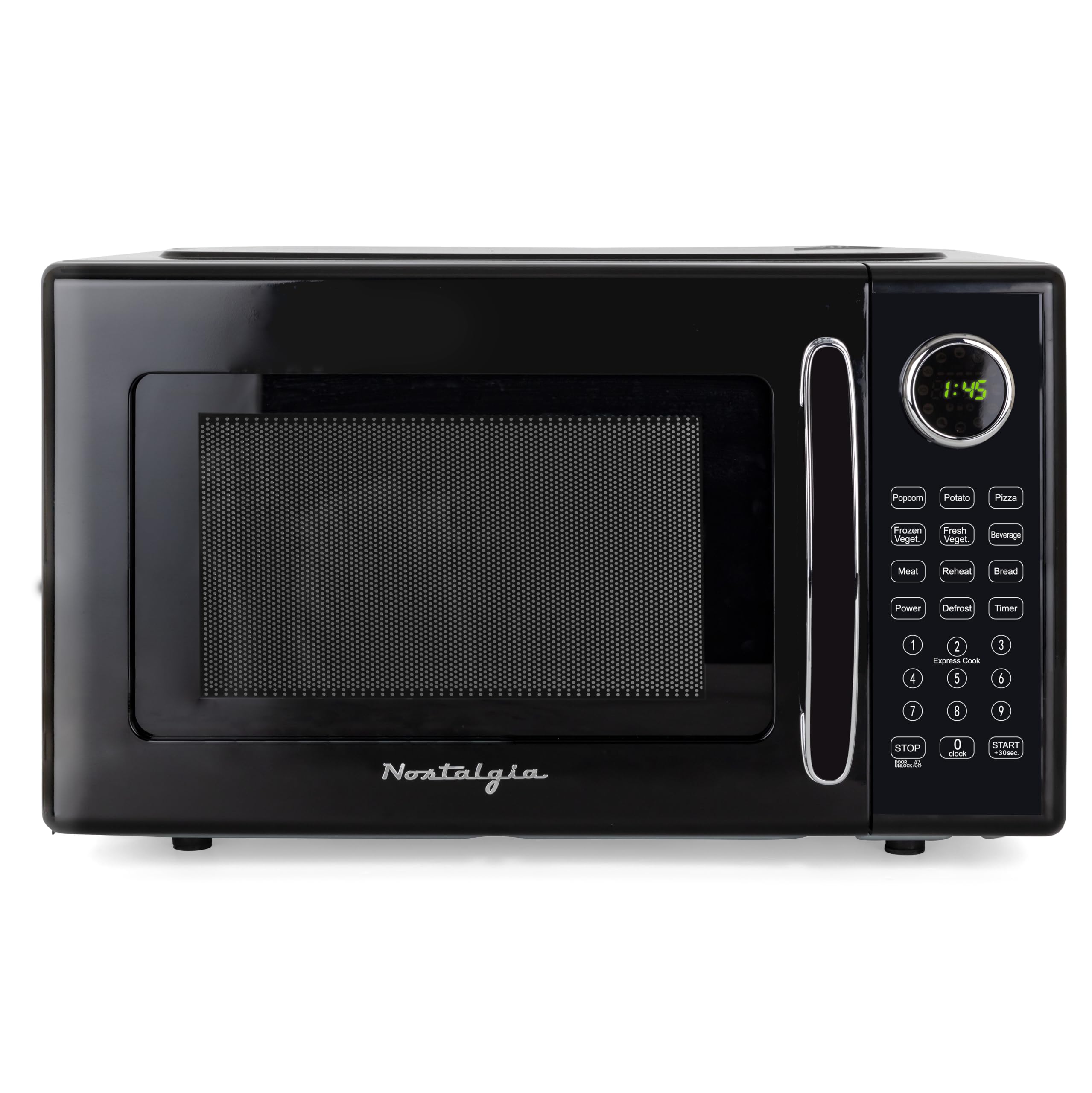 Nostalgia Retro Microwave Oven - 1.1 Cu Ft, 1000-Watt Countertop Size with Glass Turntable, Child Safety Lock, 8 Auto-Cook Programs, Digital Clock - Black