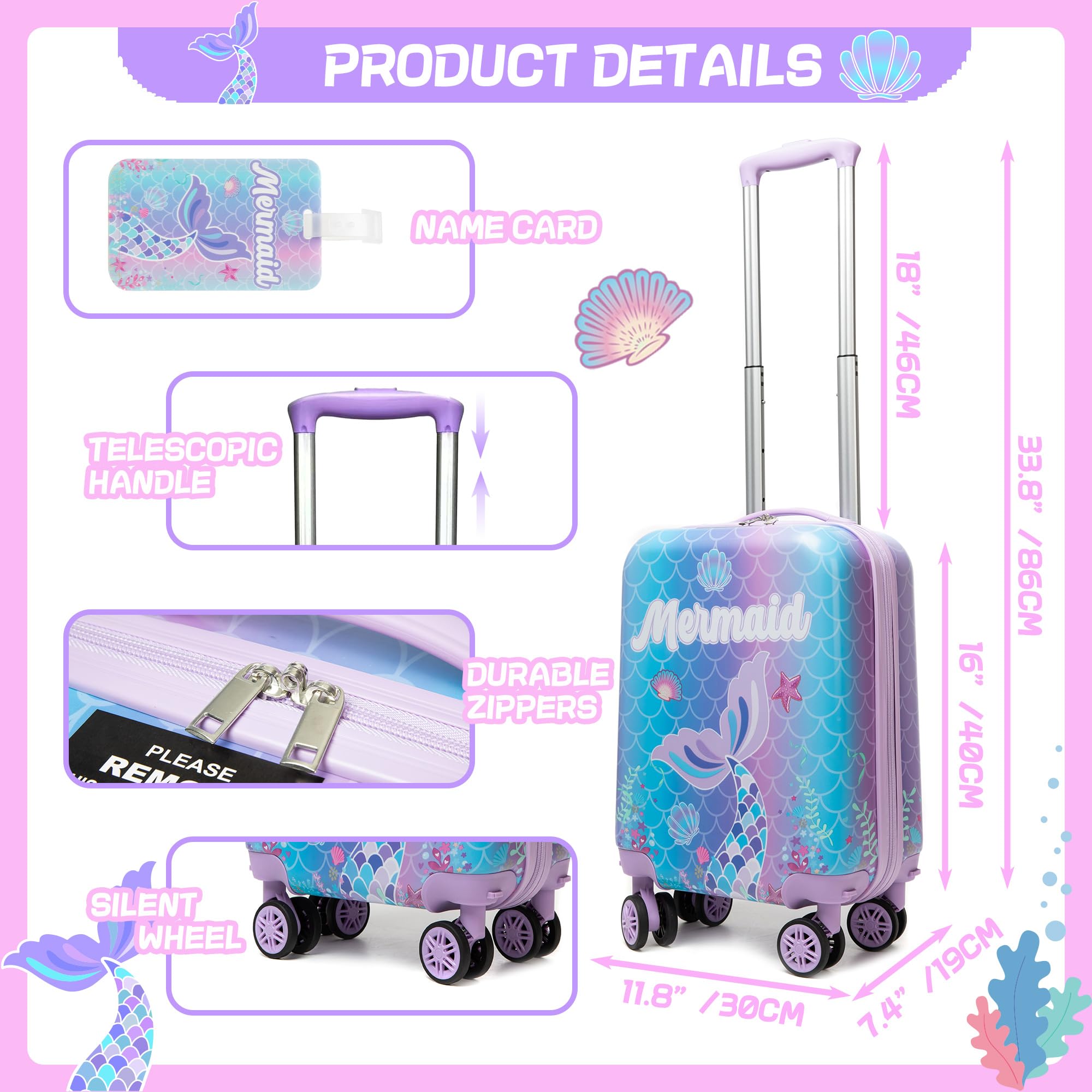 HTgroce 5 Set Valigie per Bambini, Zainetto Bambina, Cuscino per il Collo, Borsa per il Pranzo, Astuccio per Matite, Etichetta, Sirena Valigia con Ruote