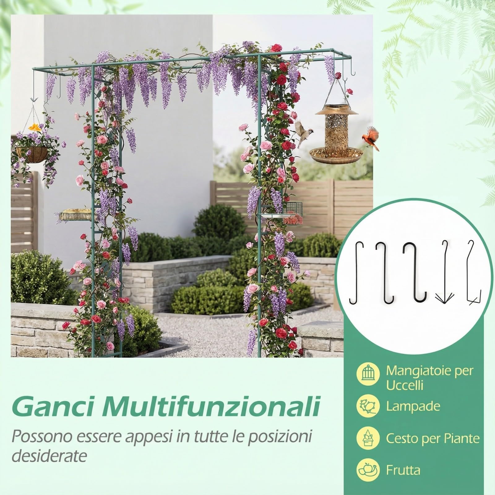 COSTWAY Pergolato a Arco da Giardino, Pergola da Esterno Decorativa in Metallo per Piante Rampicanti, Arco da Esterno per Feste, Matrimonio (Verde, Modello 1)