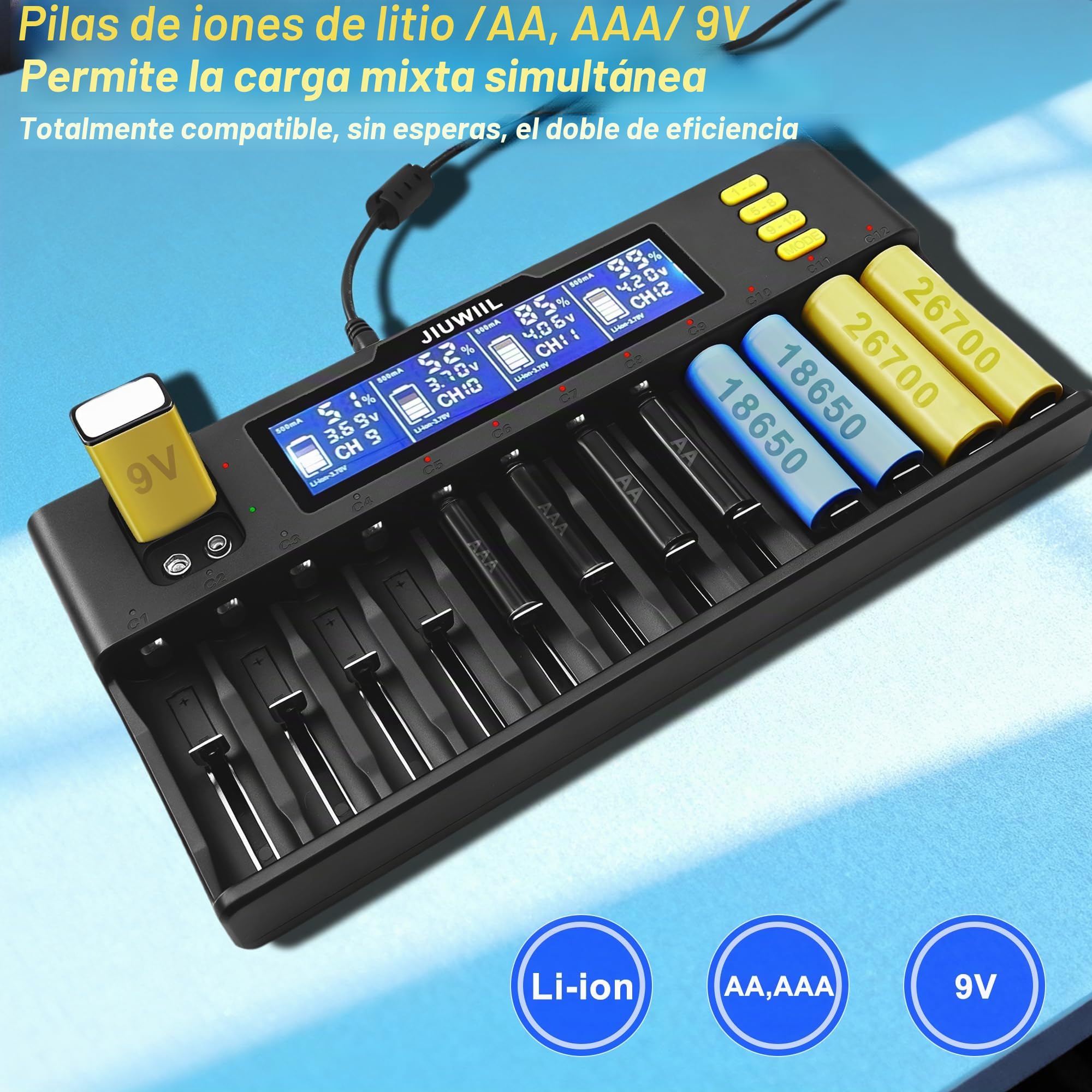 Cargador de baterías 18650, JIUWIIL Cargador rápido de baterías de 12+2 Ranuras con Pantalla LCD para baterías Recargables de Iones de Litio LiFePO4 RCR123 26650 10440 14500 & 9 V