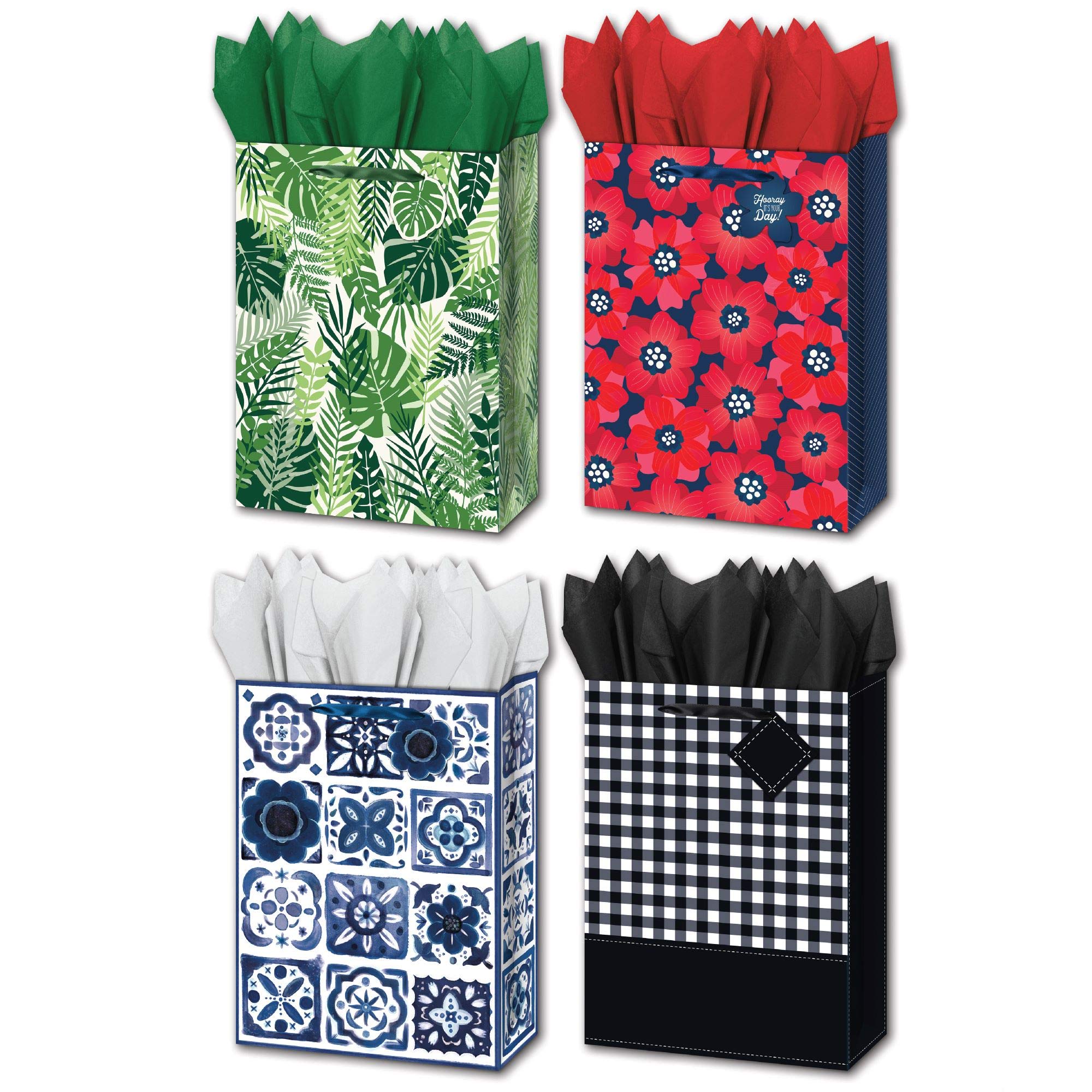 B-THERE Bundle of 4 Jumbo 13” x 18” x 5” Geometric General Gift Bags with Tags, Tissue for Men, Women, Birthday, Special Occasion