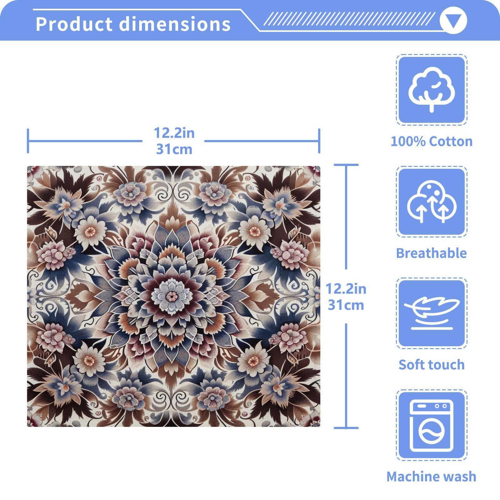 YANENDIE Floral Ikat Texture Washcloths Towels, Highly Absorbent and Soft Cotton Face Cloths, 2 Pack Quick Dry Wash Cloths - 12 X 12 Inches