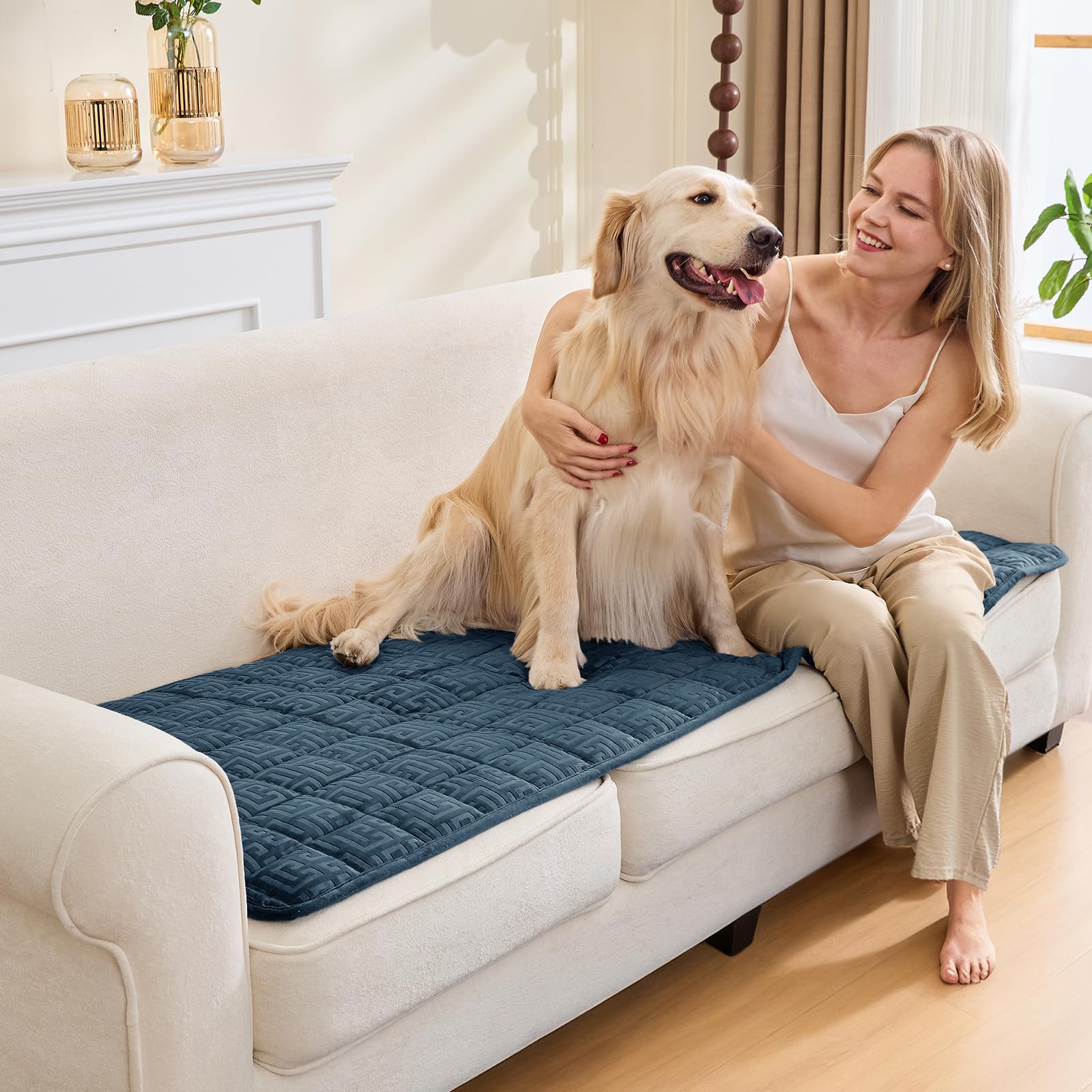 SYLC Sofa Cover Denim Blue Velvet Quilting,Thick Sofa Cover 2 Seater Corner L Shape Settee Non Slip Seat Cushion Covers Protector for Living Room Caravan (Denim Blue,90×160cm / 1 Piece)