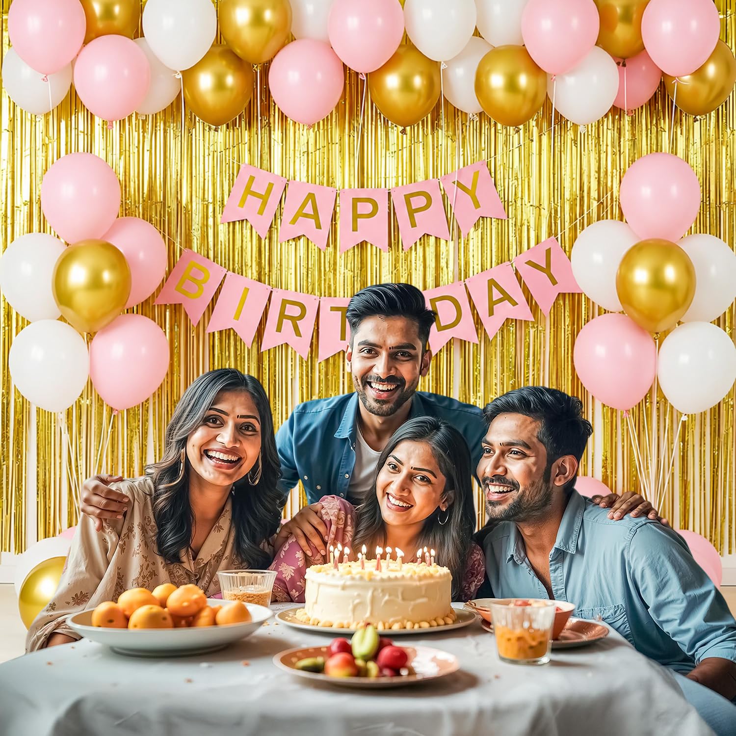 Party Propz Happy Birthday Decoration Kit - 40 Pcs Pink Birthday Banner Set, Balloons, Golden Foil Curtain, Balloons For Decoration, Bday Decoration Kit for Girls (Cardstock, Foil, Latex) 4
