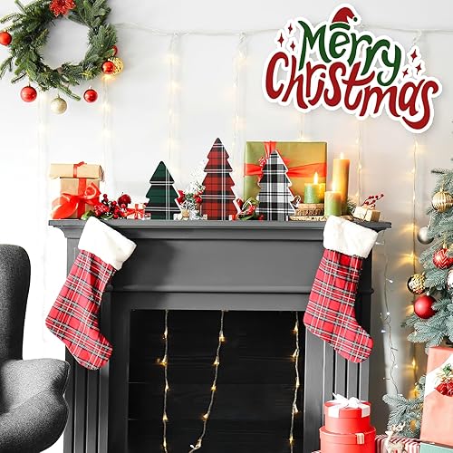 Miniatura 5 de 3 piezas de decoración de madera para árbol de Navidad, a cuadros, bandeja escalonada de Navidad para decoración de fiesta de mesa (clásico)