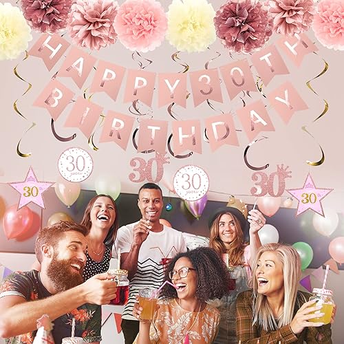 Miniatura 3 de Decoraciones de fiesta de oro rosa, pancarta de feliz cumpleaños 30 con purpurina de oro rosa, pompones, kit de espirales colgantes brillantes para