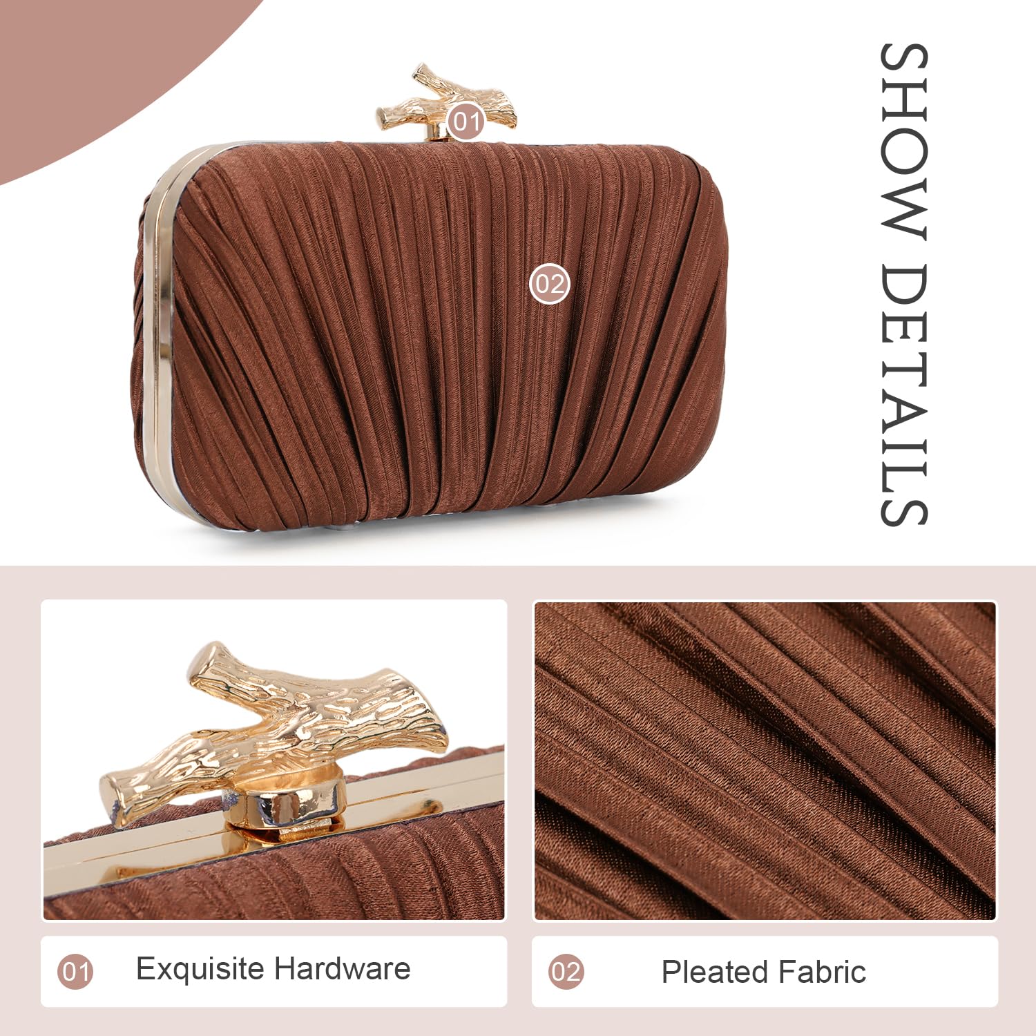 Freie Liebe Clutch Purses for Women Evening Bag Pleated Clutch Bag with Chain for Wedding Party | with Chain, for Wedding Party: Coffee