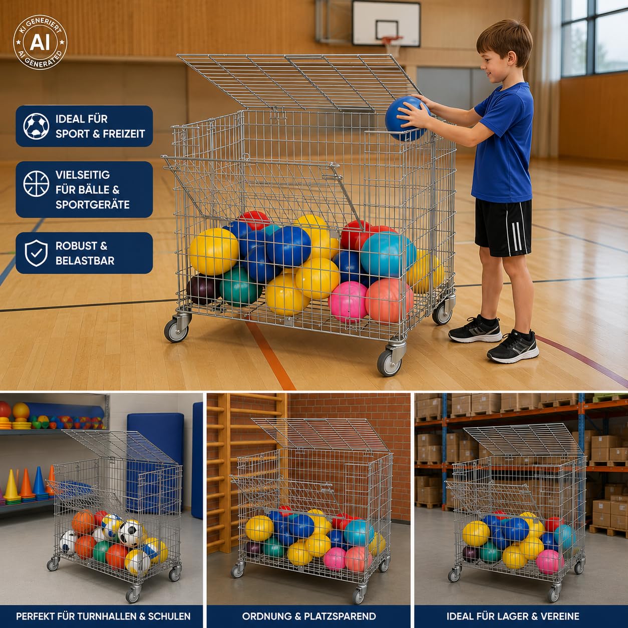 Carro de rejilla con cerradura – Capacidad de carga de 150 kg – Carro móvil con 2 solapas de carga – Caja de rejilla para equipos deportivos y pelotas – Carro de almacenamiento 585 x 950 x