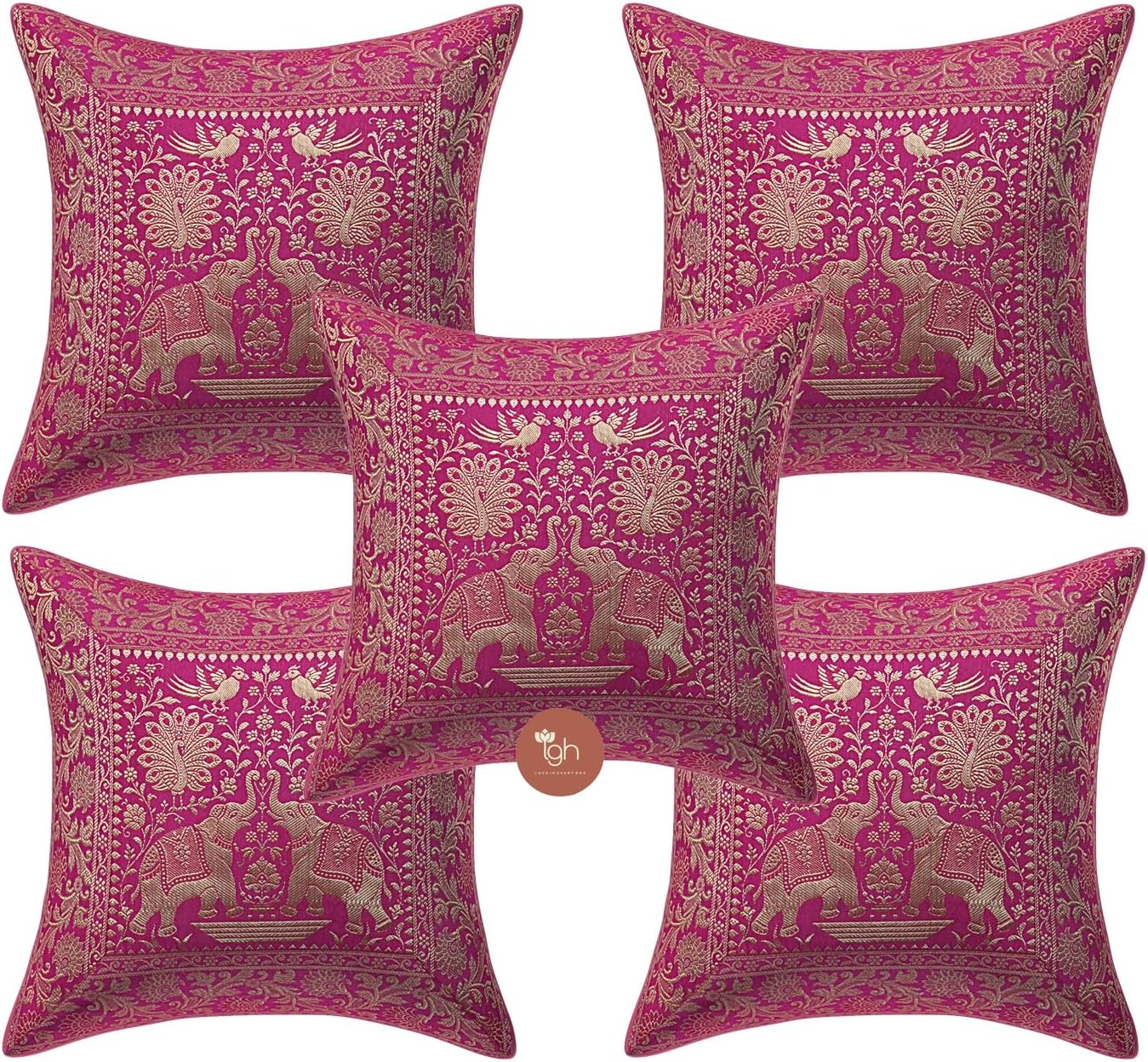 Indian Vintage Patchwork Floral Couch Throw Pillow Cover 16 x 16 Big Bohemian 40cm x 40cm Home Decor Cotton Abstract Cushion Cover (Pink & Gold, Pack of 5)