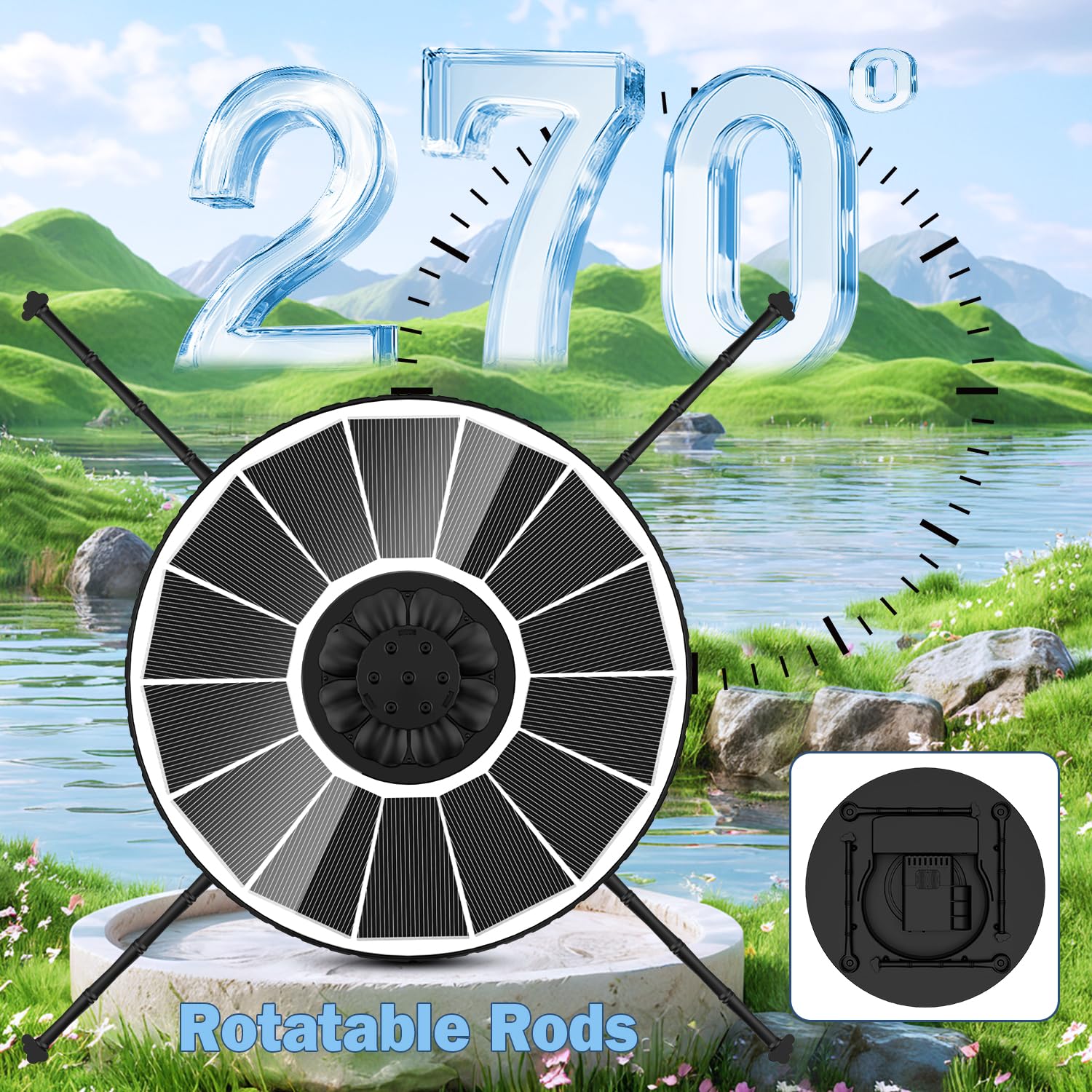 Fuente Solar 3.5W, Yzert Bomba de Agua Solar Vidrio, 3 Modos de Ajuste de Altura de Agua, 2000mAh Batería, 7 Boquillas & 4 Varillas Giratorias Fuente para Estanque para Jardín (Blanco)