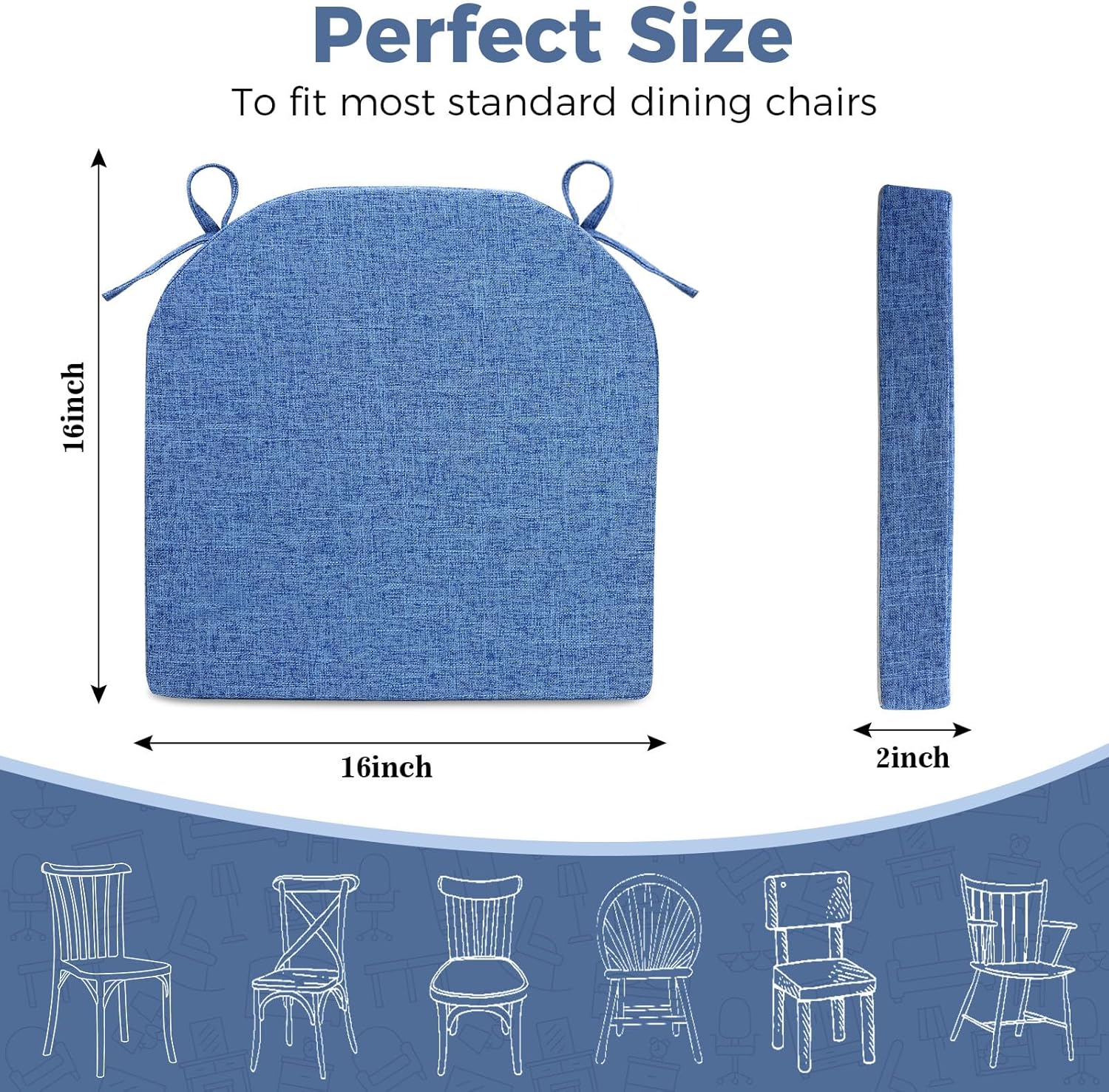 D-Shaped Chair Cushions, 2" Thick Dining Chair Pads Machine-Washable, Seat Cushions for Chair 16" x 16", Set of 4 chairpad-Dblue