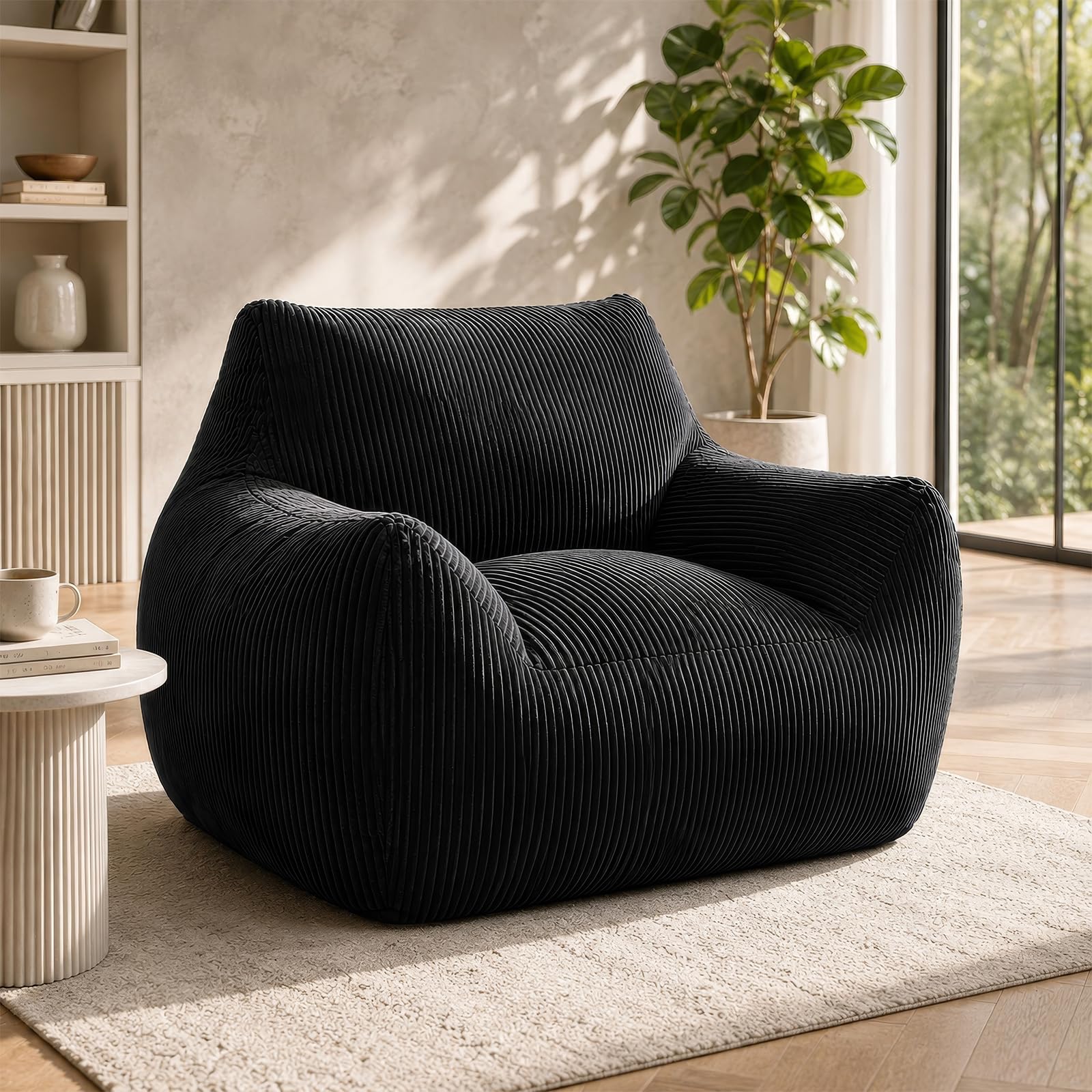 Puf para adultos con relleno, sillón de pana con respaldo, sillón grande para videojuegos y silla de suelo para salón, dormitorio y habitación juvenil, 80 x 73 x 80 cm, color negro
