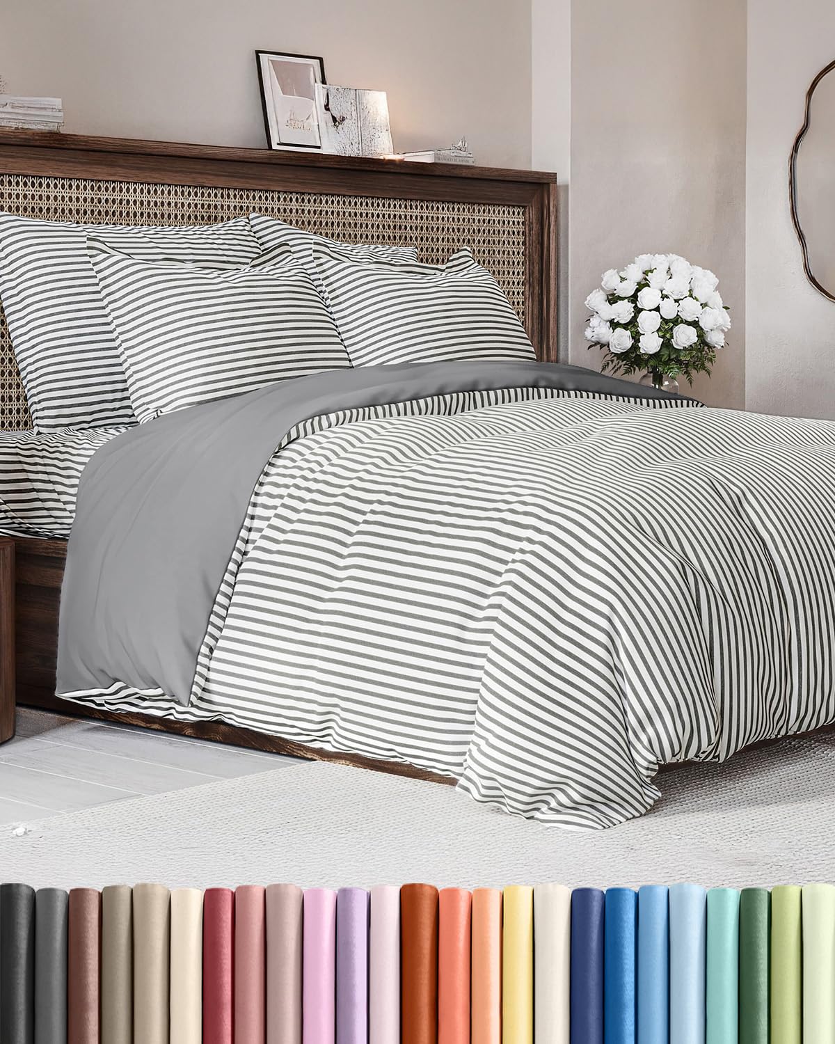 duvet cover queen size set - extra soft queen size duvet cover 90 x 90 with 2 pillow shams - hotel luxury easy care & fade free w/zipper closures & ties - comfy breathable bedding set (grey stripes)