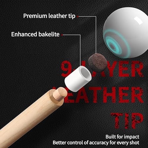 Miniatura 4 de Kmise Palo de Billar Profesional de Baja Defleción, 58 Pulgadas de Madera de Arce Duro Canadiense, Punta de Cuero de 13mm, Agarre Antideslizante 3D,