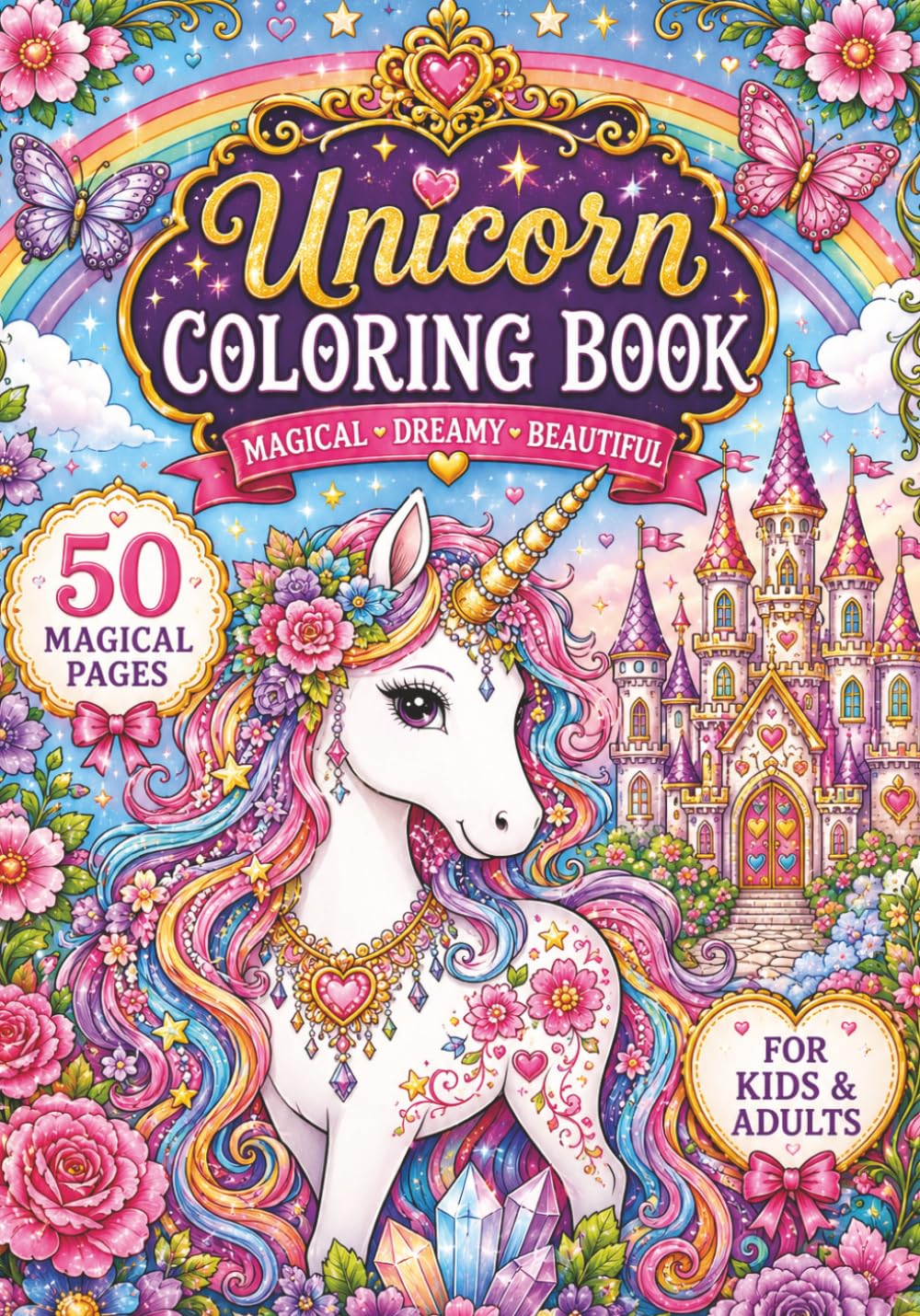 Unicorn Coloring Book: 50 Magical Coloring Pages for Kids & Adults | Fantasy Unicorns, Castles, Flowers, Rainbows & Relaxing Designs (Adult Color Books)