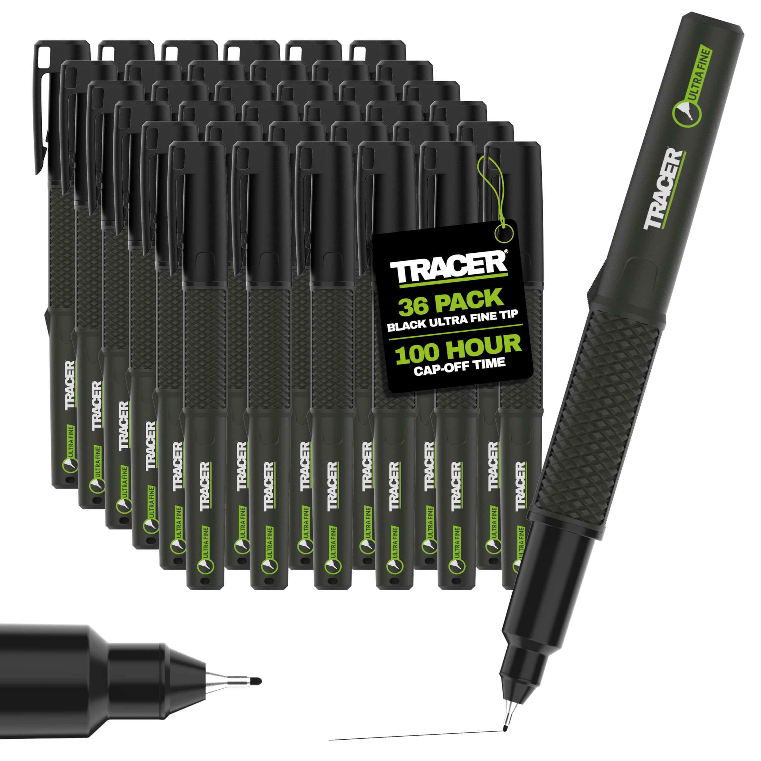 Tracer 2.0 Ultra Fine Tip Black Permanent Marker Pens x 36-100hr Cap-off time, Fast-drying Black Marker Pens x 36