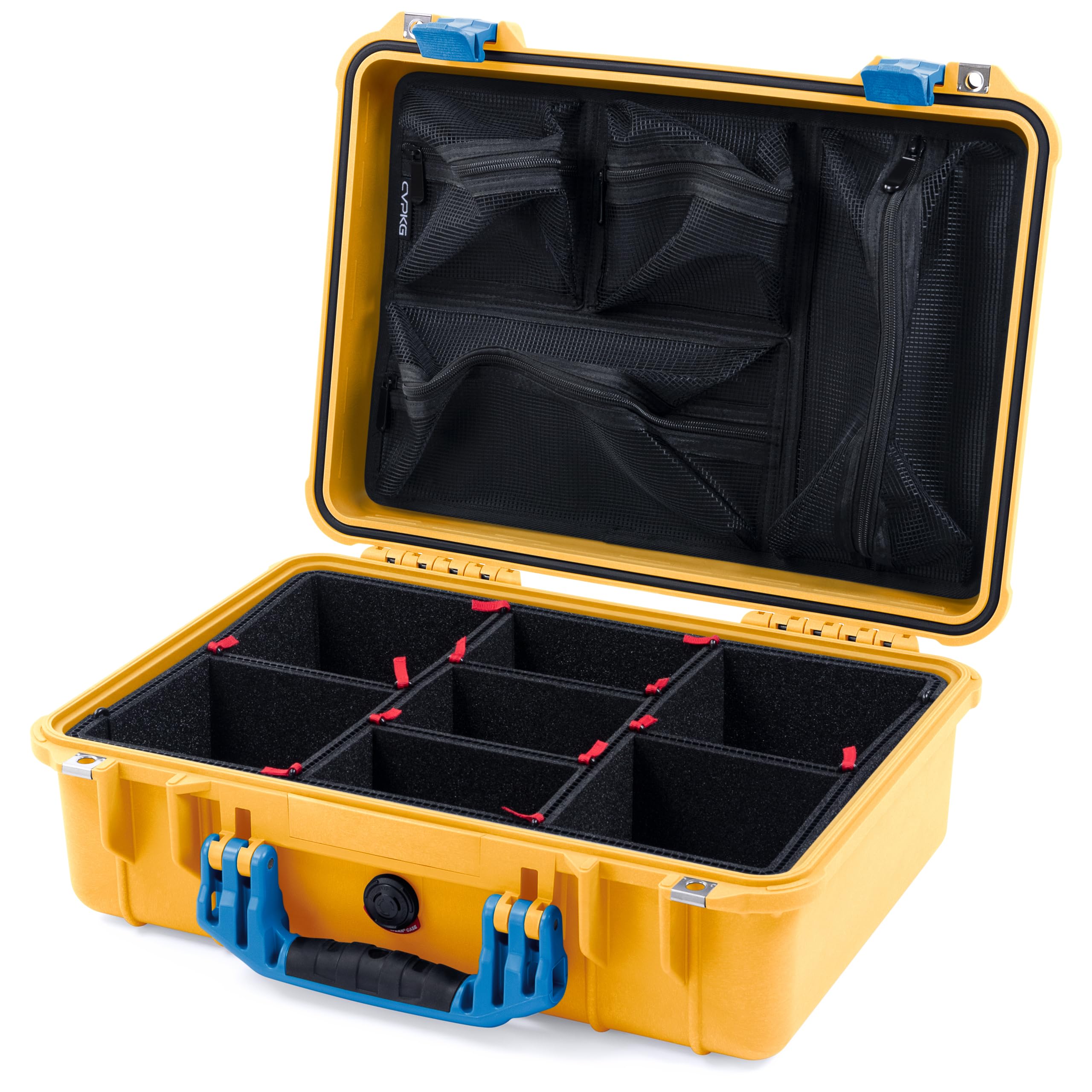 ColorCase Pelican 1500 Case Yellow - Medium Size Waterproof Case with TrekPak Divider & Mesh Lid Organizer - Blue Handles & Latches