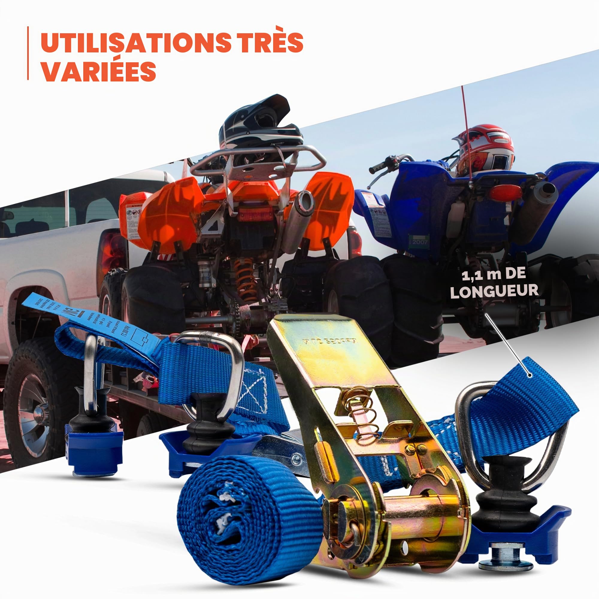 Lot de 6 sangles d'arrimage avec cliquet - Avec raccord en plastique - Pour rail d'avion - Rail d'arrimage - Sangle à cliquet - Largeur : 25 mm - Longueur : 1100 mm - 500 kg