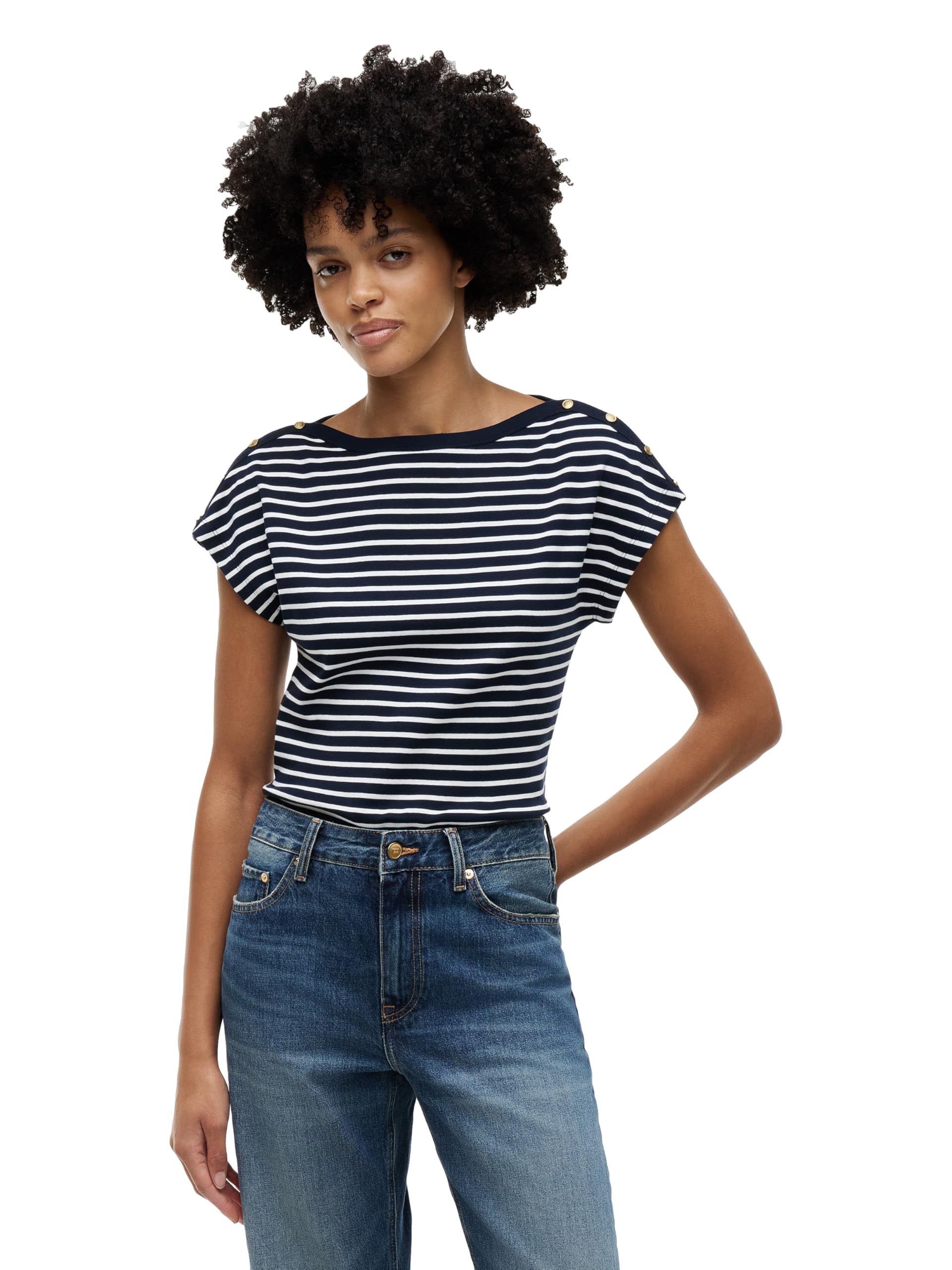 Women's Short Sleeve Cotton Graphic Crew Neck T-Shirt with Button Embellished Shoulder Design