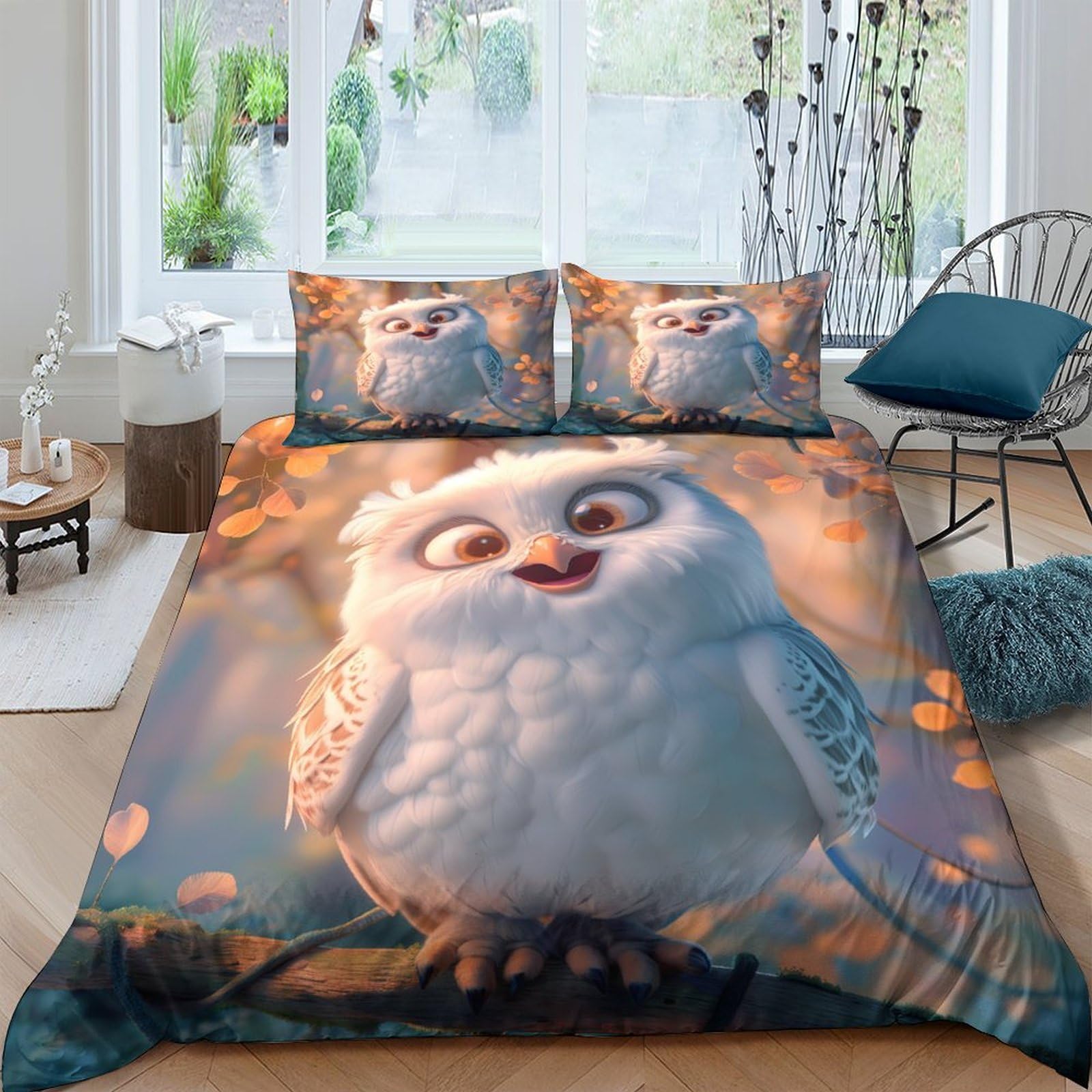 Ctjqhvkz Style-8 3D Printed Cute White Owl Fitted Sheet Microfiber Soft Autumn Leaves Bed Cover For Bedroom Dorm Mattress Decor Single（135X200cm）