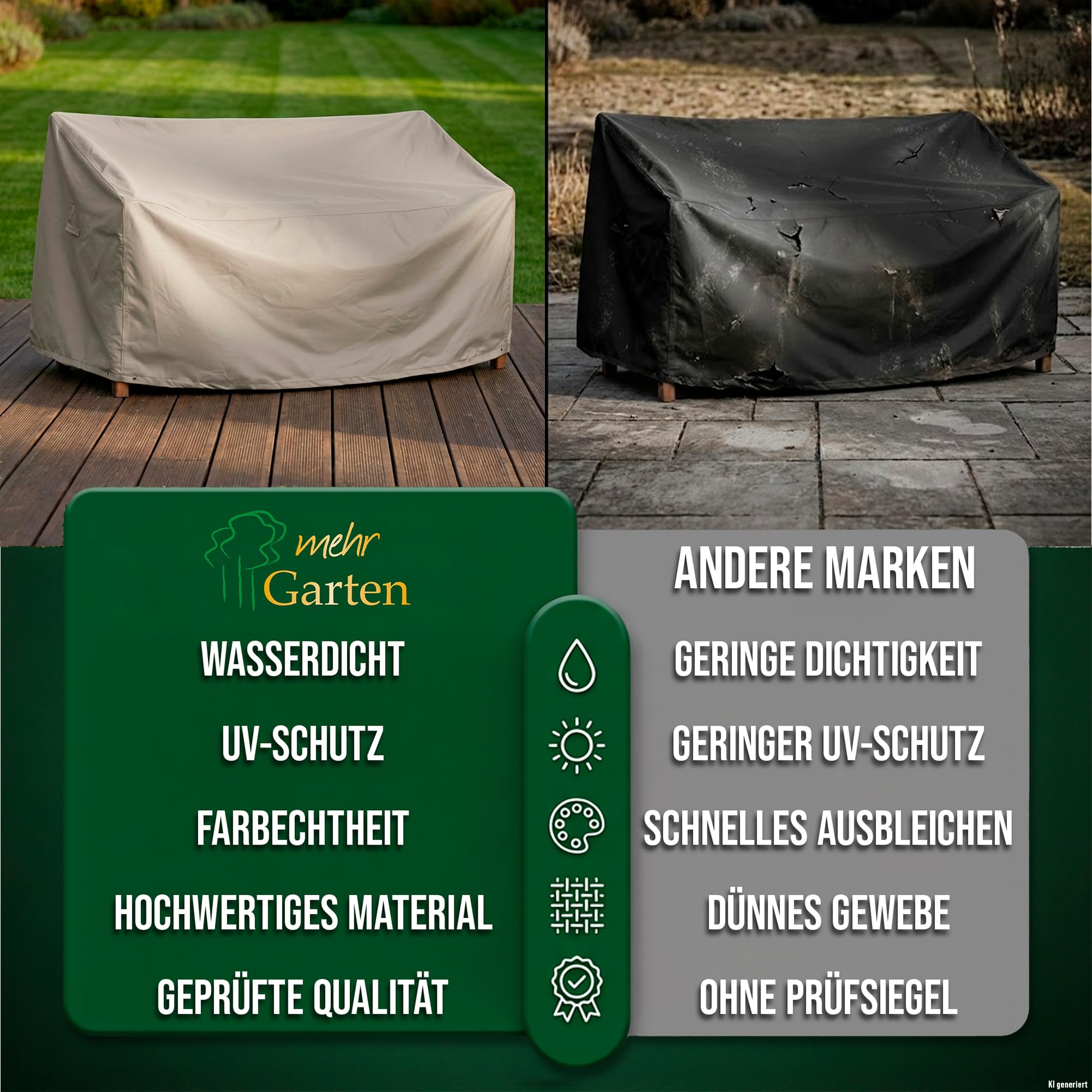 Gartenbank Abdeckung 3 Sitzer, 183x75x66/91 cm, grau, Oxford 600D Gewebe, Schutzhülle Gartenbank, wasserdicht, UV-beständig und wetterfest
