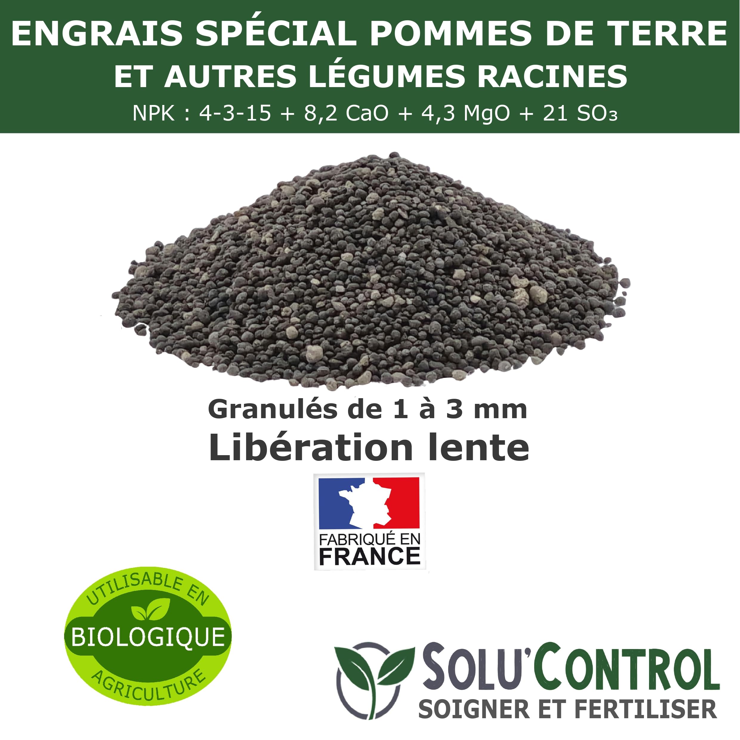 5 kg d'Engrais Spécial Pommes de terre et légumes racines 4-3-15 - Enrichi en Potasse - Favorise la croissance, le grossissement et la conservation des tubercules - UAB - Fabriqué en France