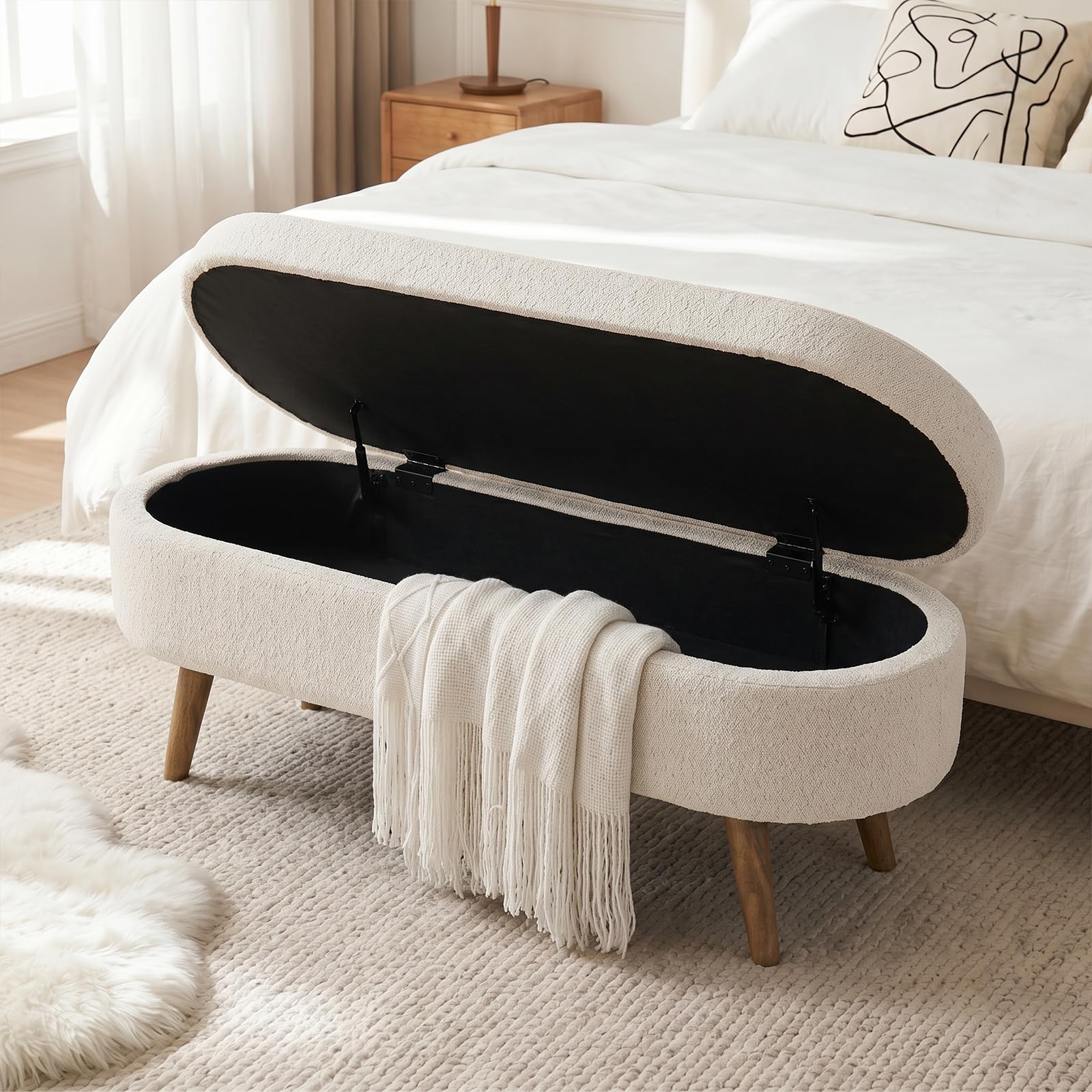 Oval Upholstered Storage Bench with Wooden Legs