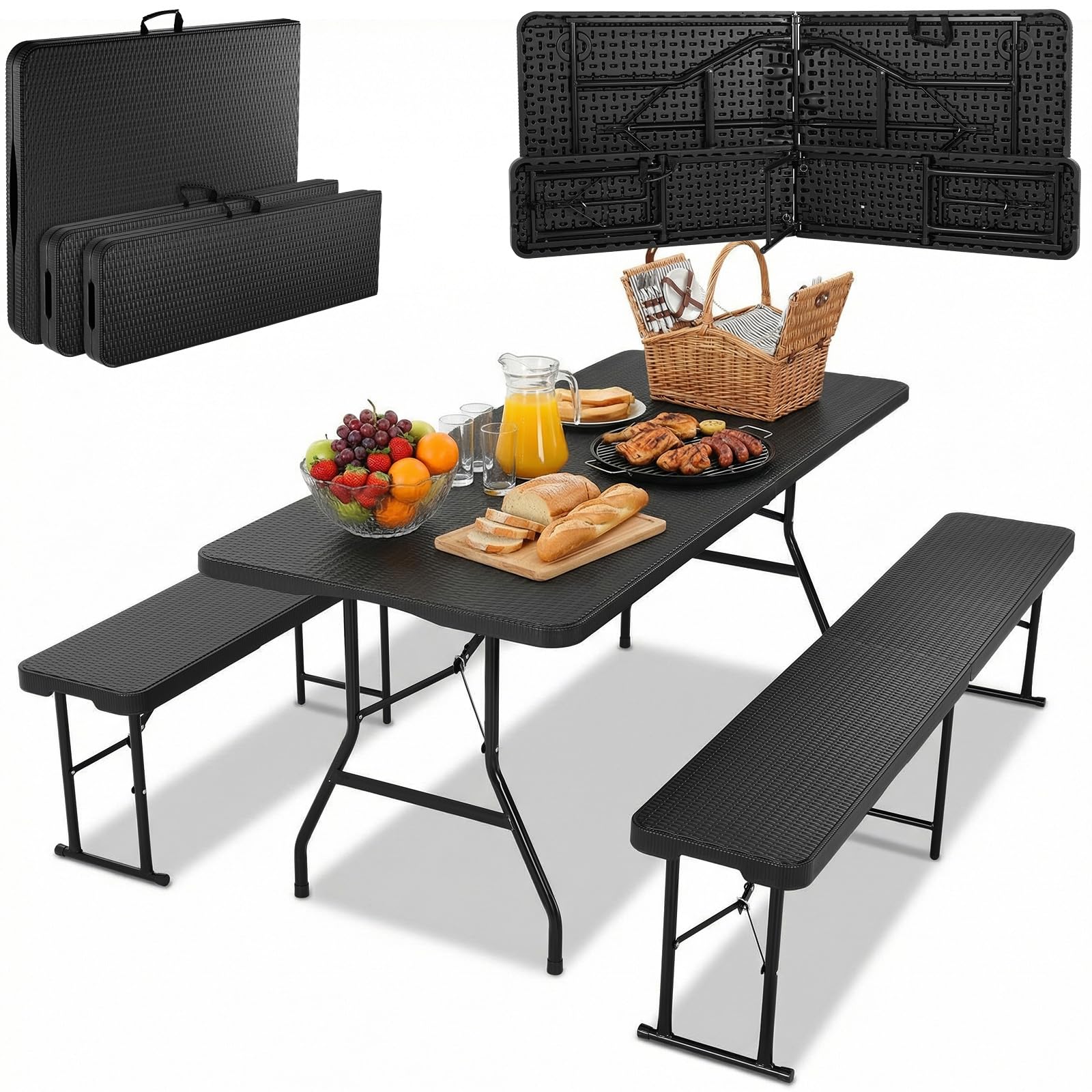 Ensemble Meubles de Jardin 180cm Inclure 1 Table Pliante et 2 pcs Bancs Pliable, Ensemble Table et Bancs de Jardin Plastique Imperméable HDPE,Table Camping pour Piquenique Réceptions, Rotin-Optique