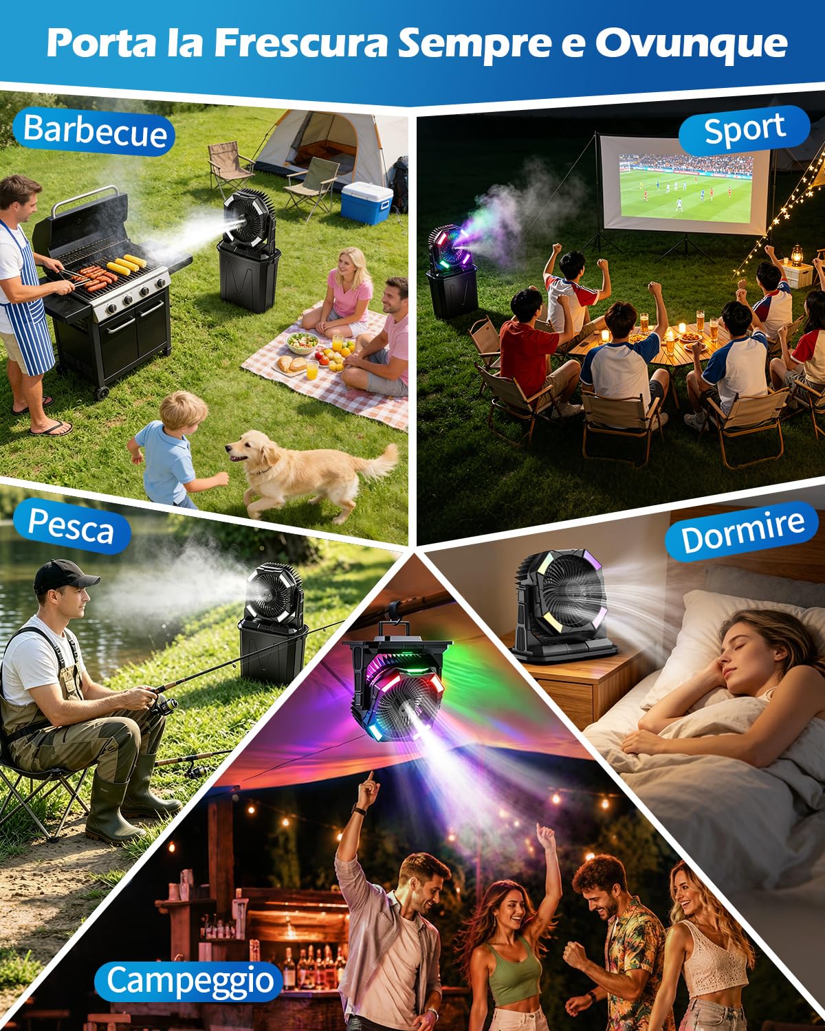 yAyusi 10L Grandi Ventilatore Nebulizzatore Portatile per Esterni con Luce RGB, 3-in-1 20000mAh Ventilatore Ricaricabile con Telecomando e Timer,4 Velocità Vento 4 Modalità Spruzzo per Patii/Camp/Golf