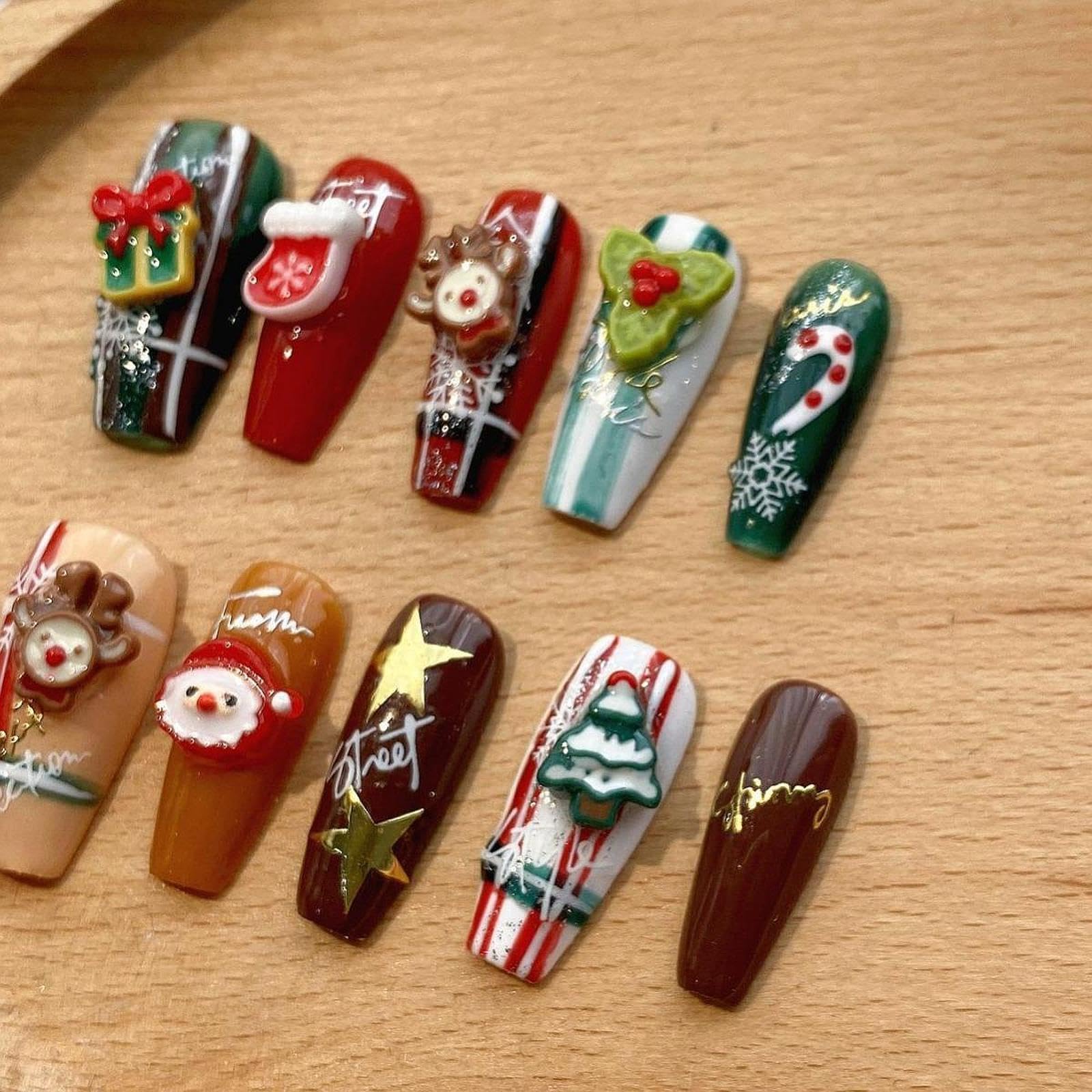 5x Uñas Postizas Navideñas para Invierno, Uñas Postizas para Pegar, Decoración de Uñas, Uñas Falsas