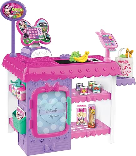 Just Play - Caja registradora de Minnie Mouse Marvelous Market de Disney Junior con sonidos realistas, 38 piezas de comida y accesorios para jugar,