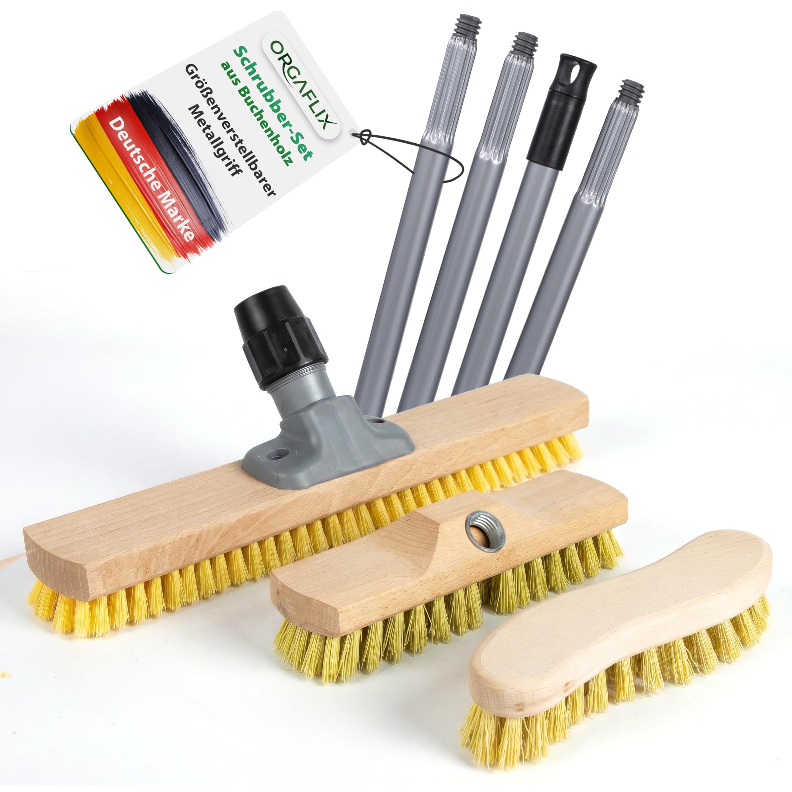 ORGAFLIX Profi Schrubber Set 3-teilig mit Stiel, Bodenschrubber 40 cm, Schrubber 22 cm, Scheuerbürste