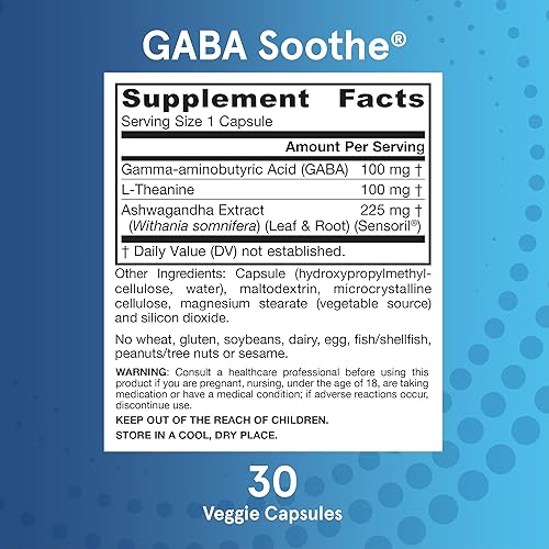 Miniatura 6 de Jarrow Formulas GABA Soothe, suplemento dietético de 3 ingredientes para relajación y estrés ocasional, 30 cápsulas vegetales, suministro para 30