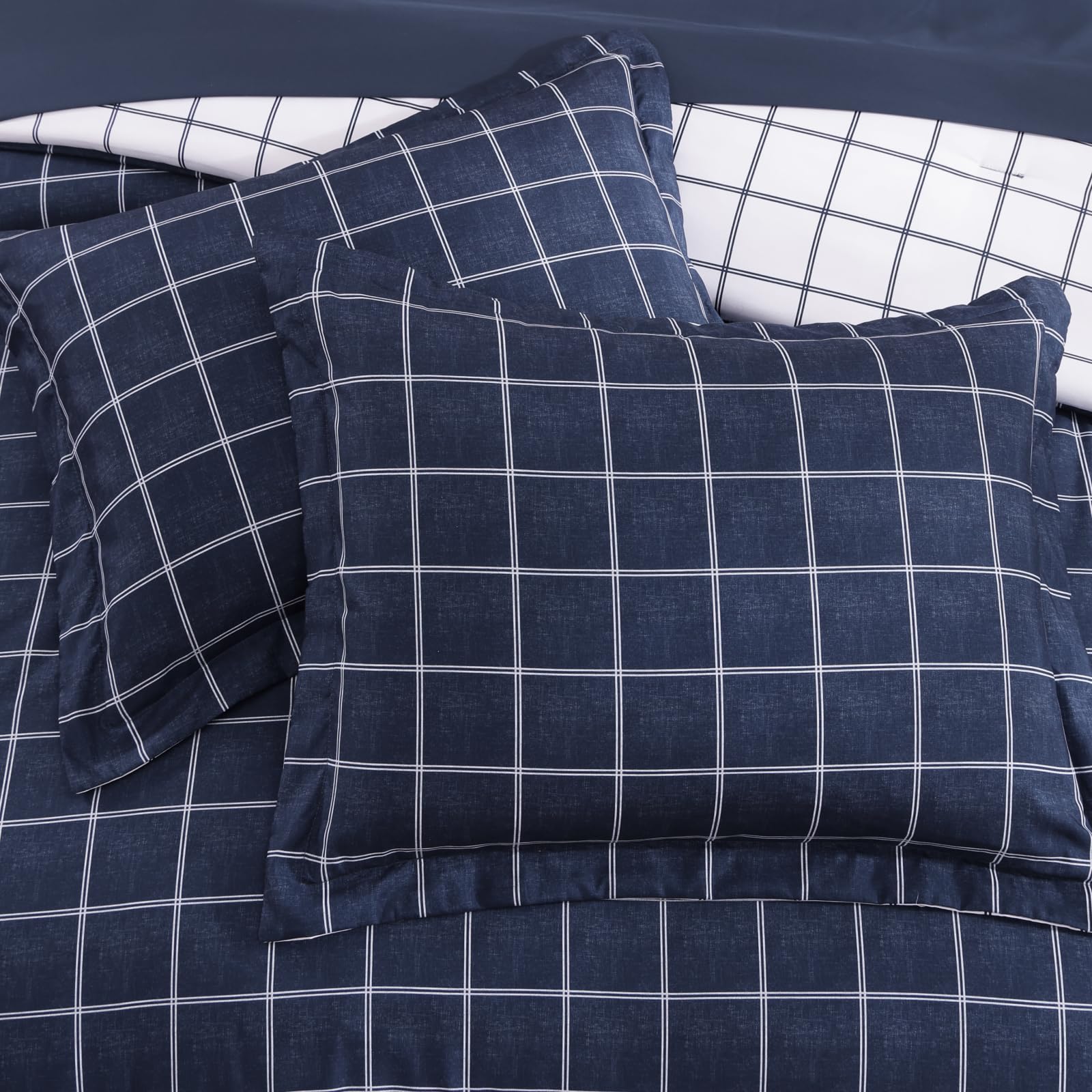 Plaid Queen Schmusetuch Set dunkelblau 7-teilig Wendebett in einer Tasche | Farmhouse Bettwäsche-Set, kariert, für Jungen, Mädchen, Teenager, mit Laken, Kissenbezügen und Kissenbezügen