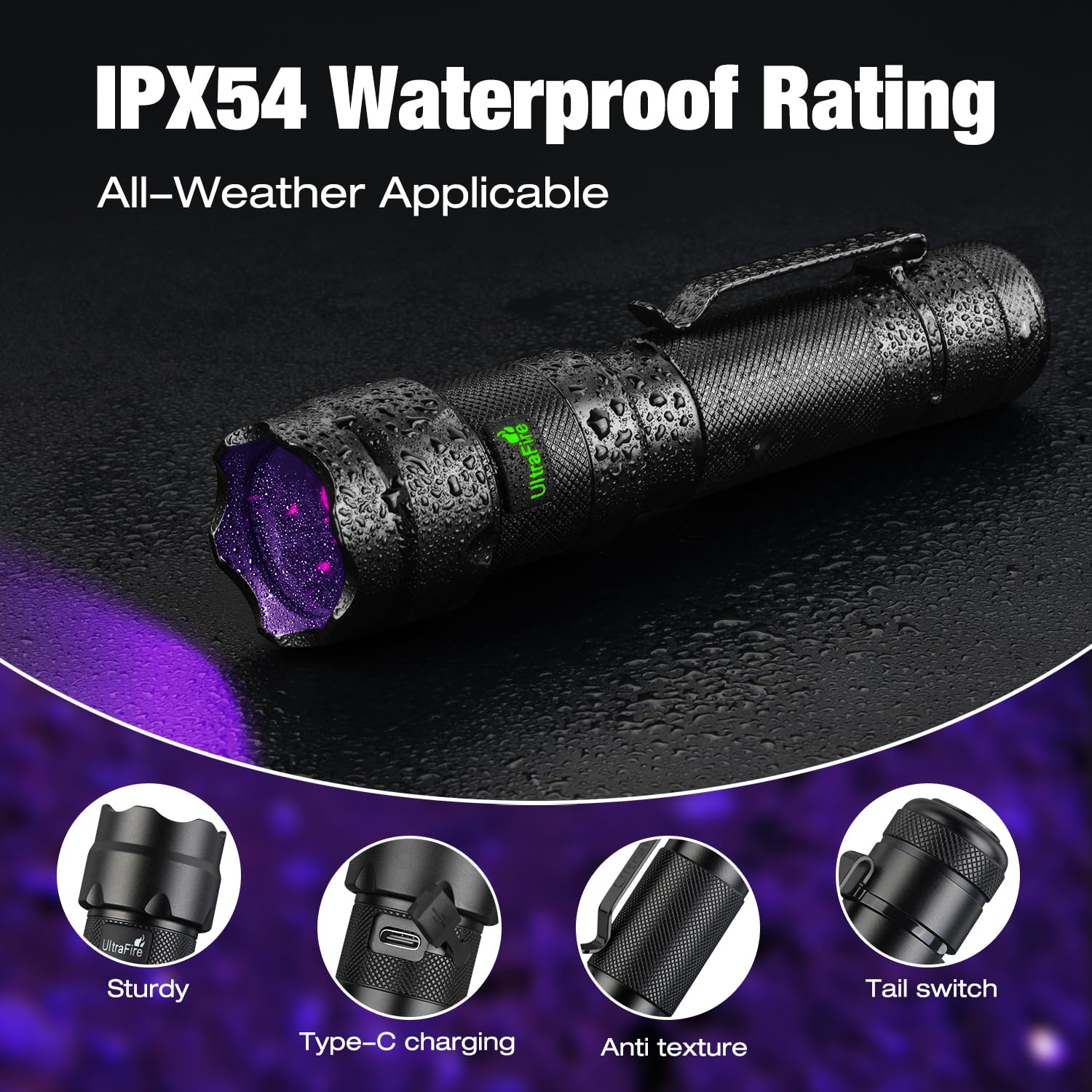 UltraFire Torcia UV ricaricabile 365 nm LED luce nera, 15 W potente luce ultravioletta, lampada UV professionale con lente nera per tracce di sangue, analisi fluorescenza, minerali