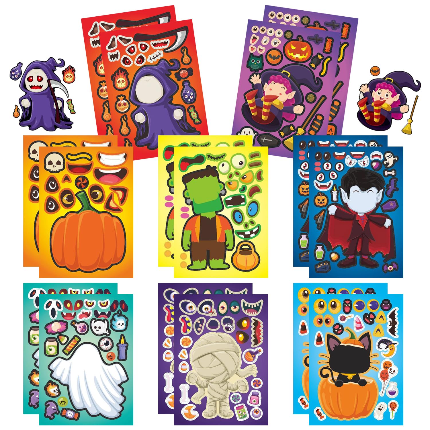 YXBWM 16pcs Halloween Make A Face Sticker Sheets, Vampire Pumpkin Ghost Witch Mummy Zombies Craft Make A Face Stickers, Favors for Kids Parties Decoration (Halloween A)