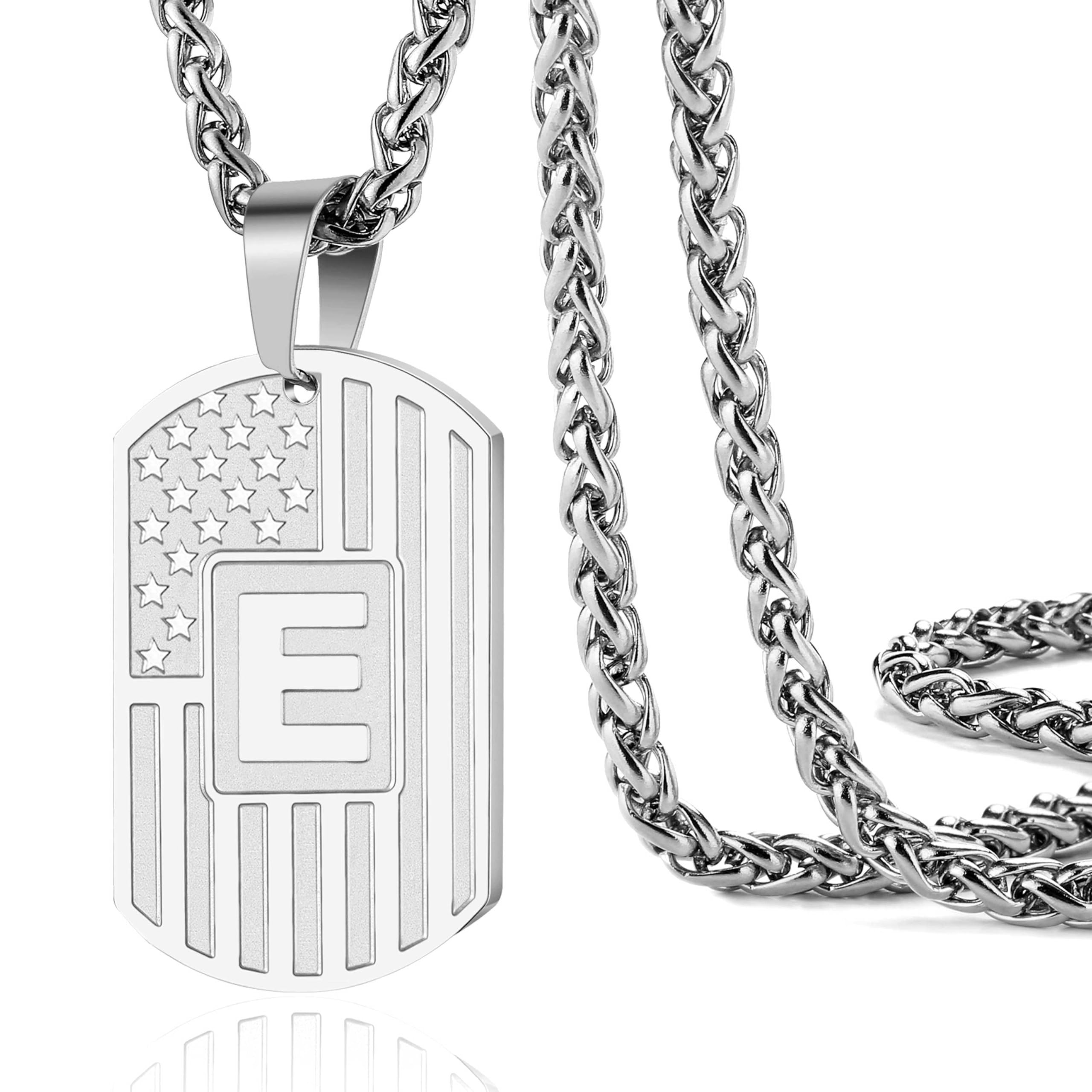 DuoDiner Valentines Day Gifts for Him -Initial Necklace Gifts for Men Boys Kids,A-Z Capital Letter American Flag Dog Tag Necklaces 24 Inches Stainless
