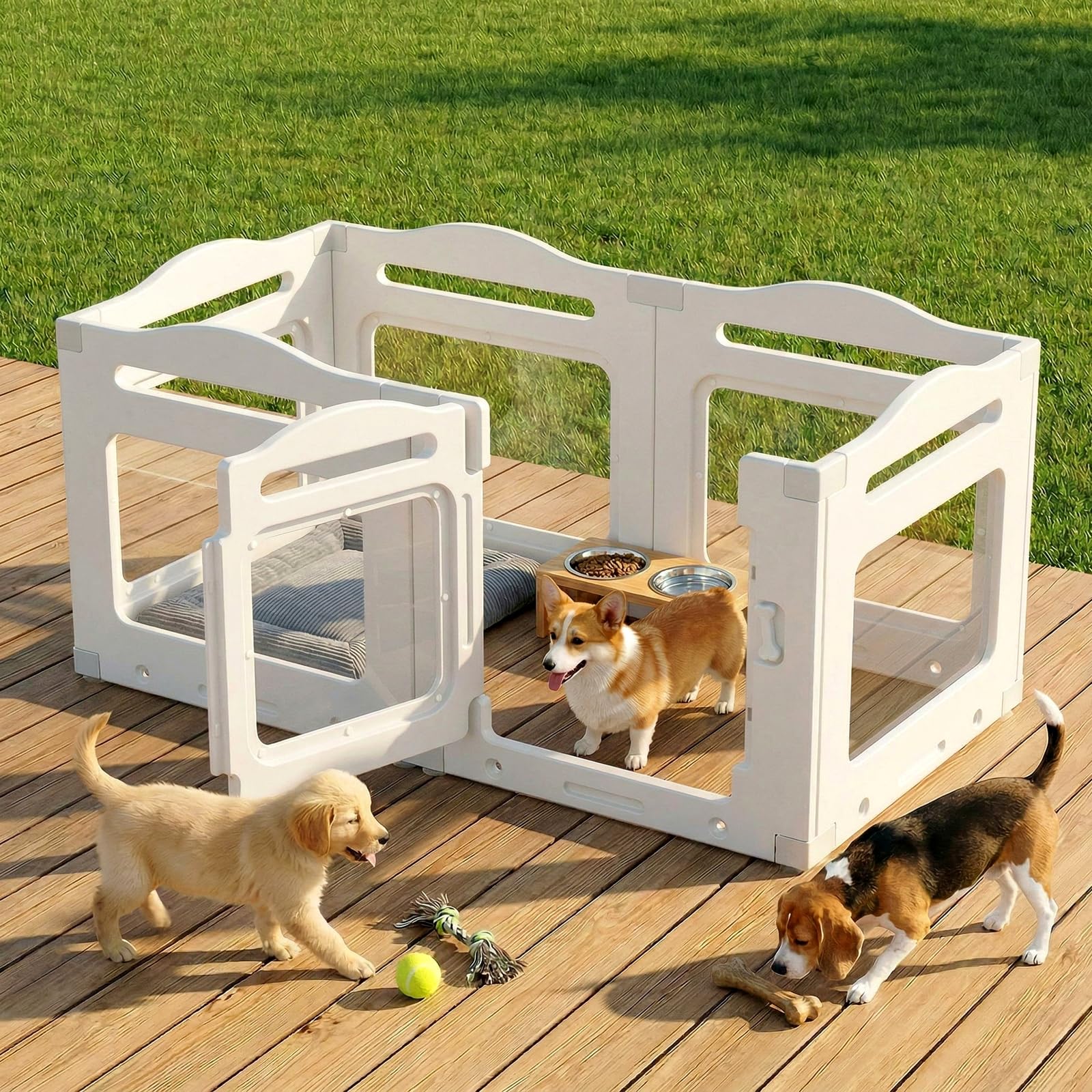 MAMIZO Recinto per Cani Acrilico 129 × 68 × 60 cm, Box per Cuccioli con Ventose, Box per il Parto Cani con Porta a Chiusura, 6PCS Pannelli Parco per Cani adatto Appartamento, Bianco