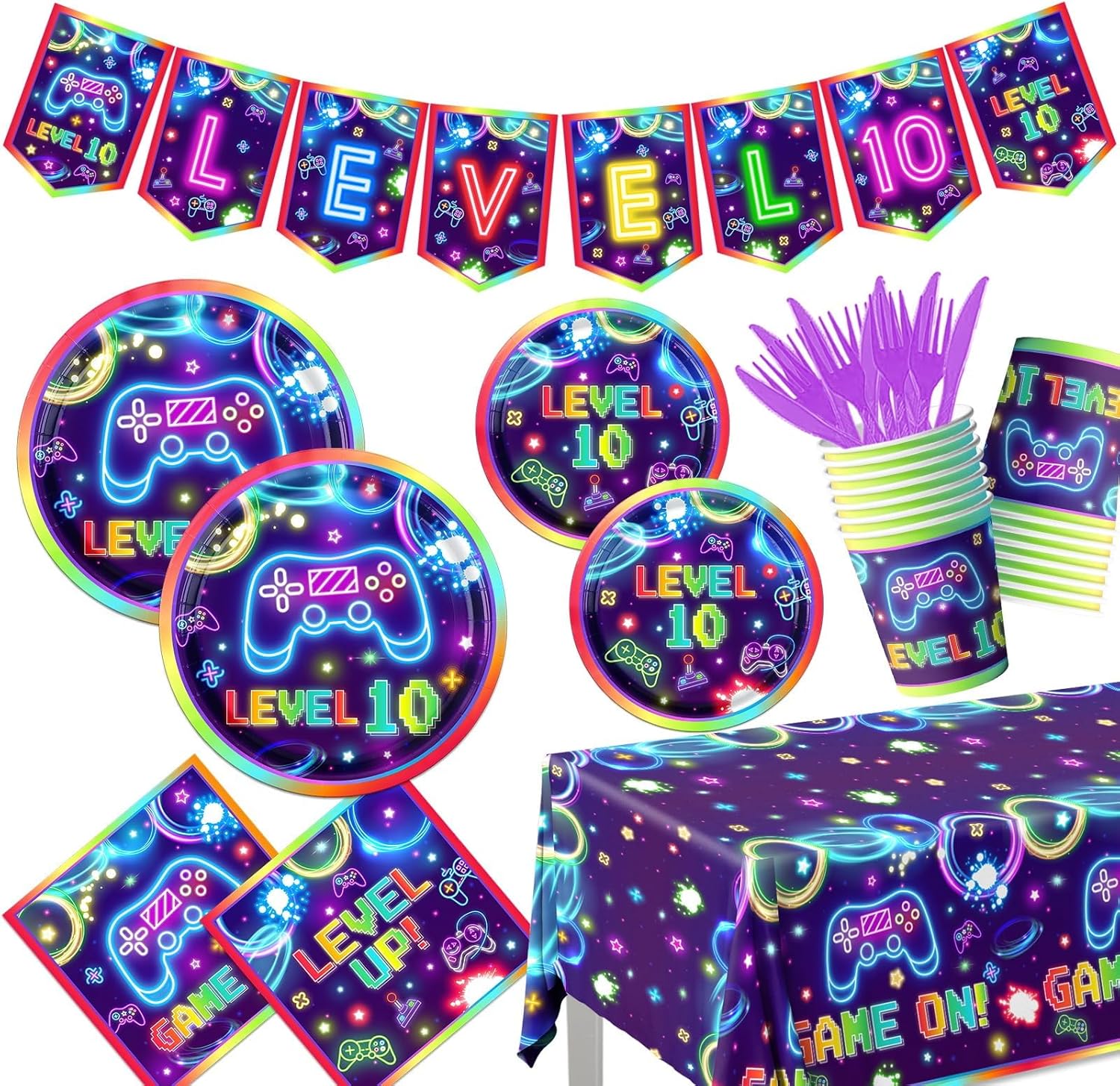 142Pcs 10th Birthday Video Game Party Supplies Video Game Birthday Decorations Neon Level 10 Plates and Napkins Tableware Set for Boys 10th Gamer Gaming Birthday Party 142Pcs 10th Birthday Video Game Party Supplies Video Game Birthday Decorations Neon Level 10 Plates and Napkins Tableware Set for Boys 10th Gamer Gaming Birthday Party