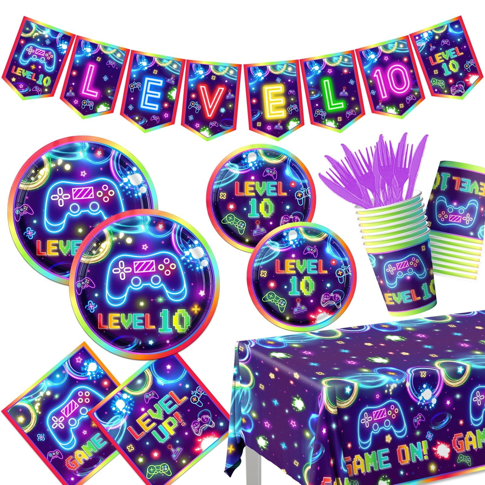 142Pcs Video Game 10th Birthday Party Decorations Neon Level 10 Birthday Decorations Plates Napkins Cups Banner Tablecloth for Boys 10th Party