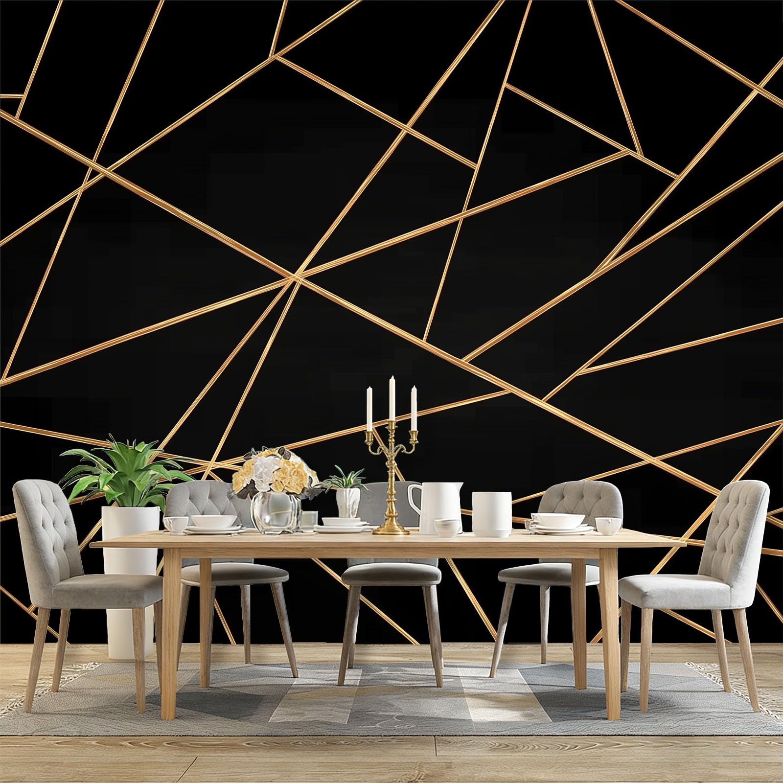 Tapeta 3D z włókniny nowoczesne geometryczne linie 400 x 280 cm tapeta dekoracja ścienna do salonu sypialni czarno-złoty