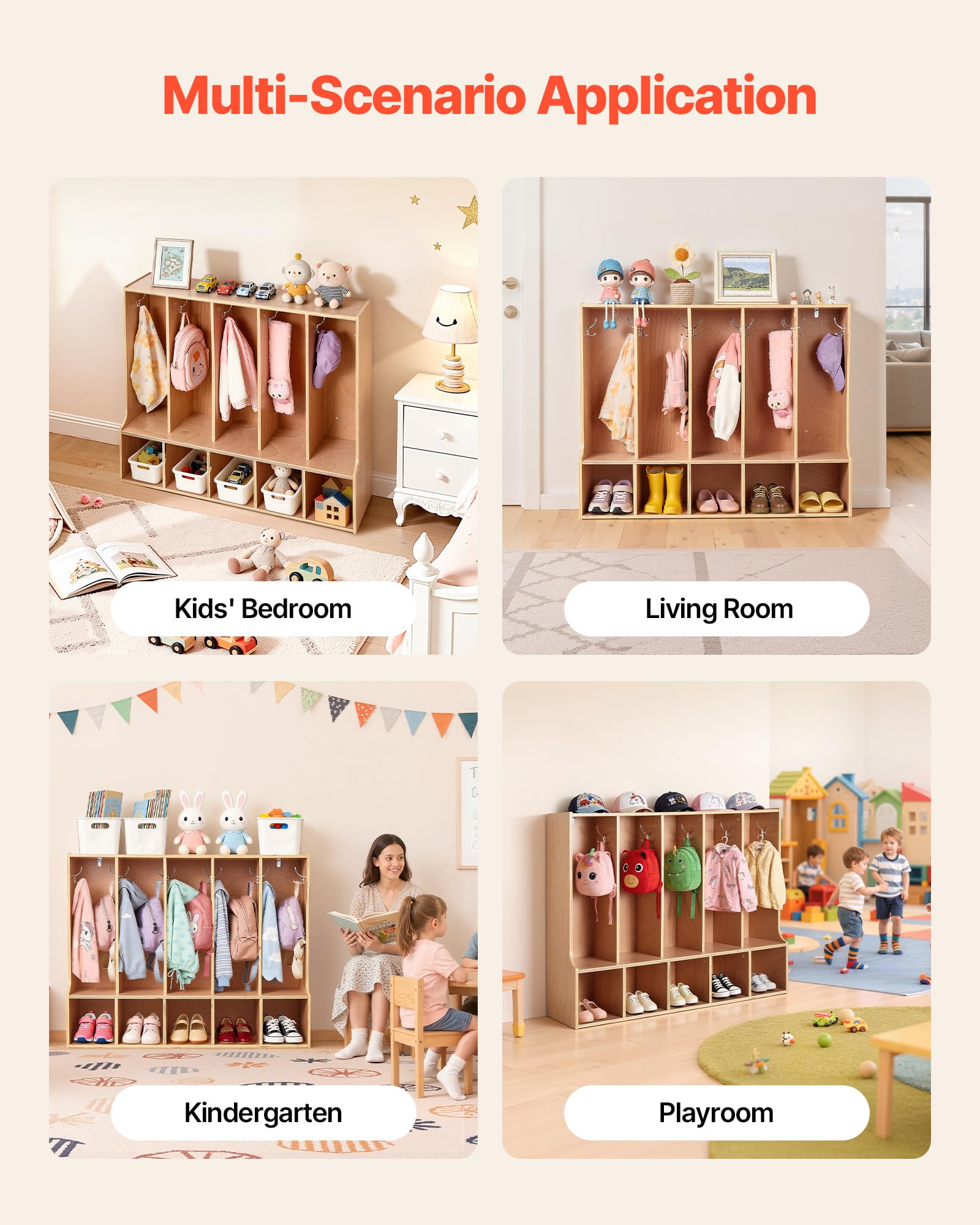 VEVOR Vestiaire 5 Enfants Ouvert, Penderie pour Enfants en Bois, Rangement pour Crèche Maternelle Garderie Maison, Meuble d'accueil Scolaire avec Casiers à Manteaux et à Chaussures, 10 Crochets