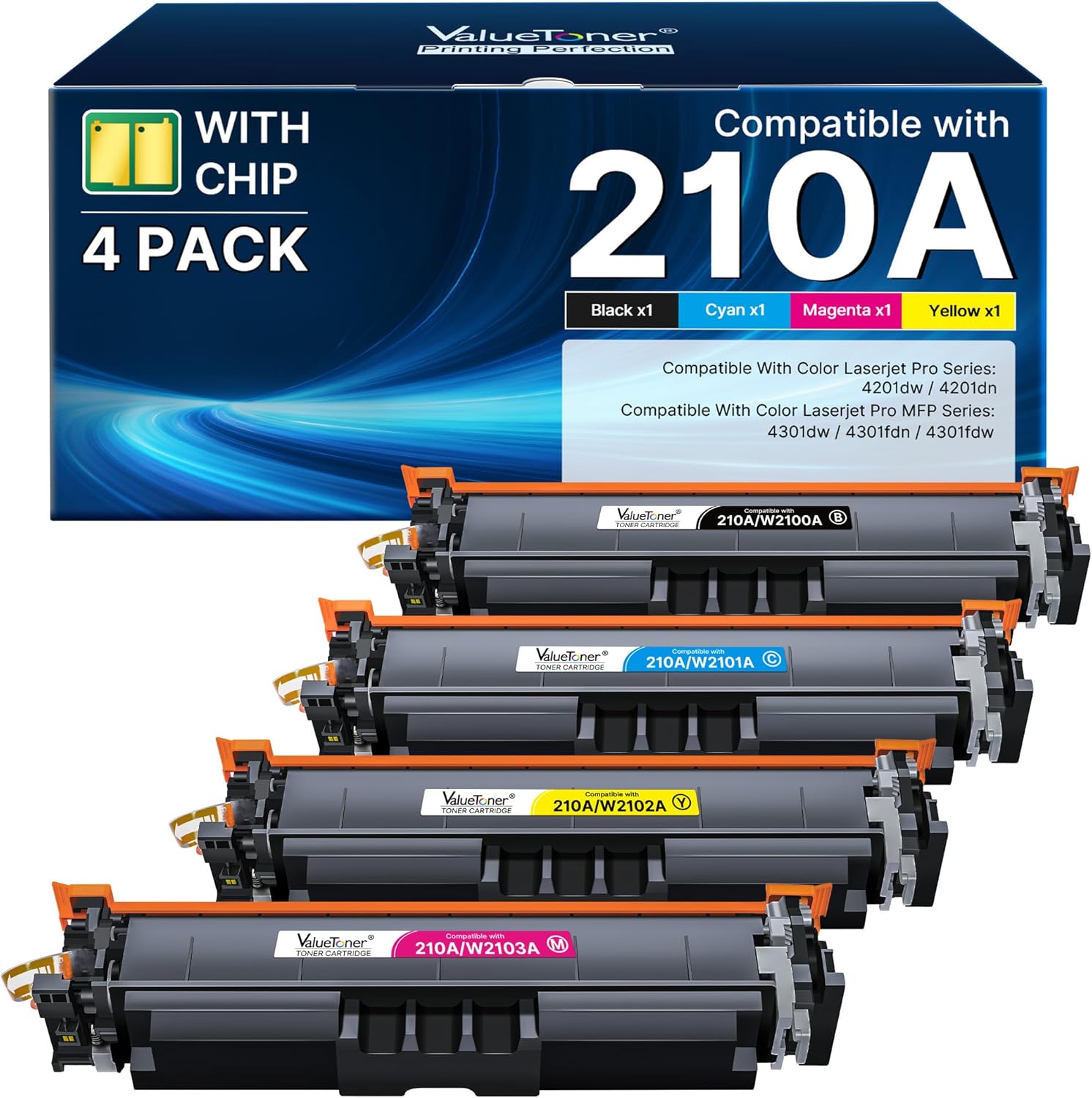 210A Toner Cartridges 4 Pack (with Chip) - Replacement for HP 210A 210X Toner Cartridges for HP Color LaserJet Pro MFP 4301fdw Toner, MFP Pro 4301fdn 4201dw 4201dn 4301 4201 Series Printer W2100A